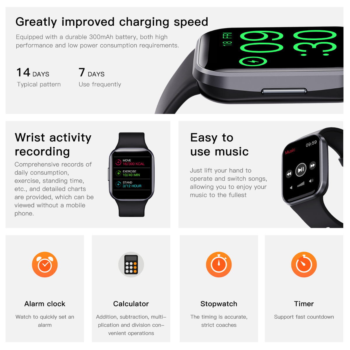 Smartwatch con varias pantallas de interfaz, incluyendo control de actividad y música.