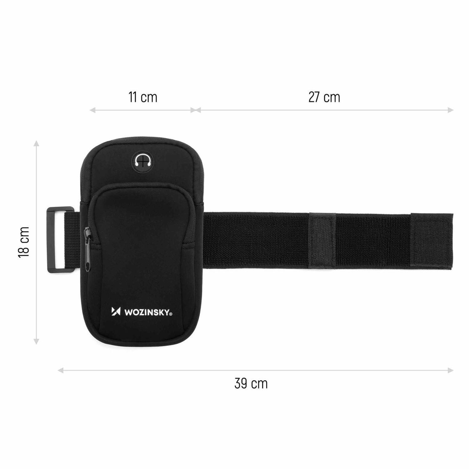 Schwarzes Armband mit Handytasche, Maße: 11cm x 18cm x 39cm.