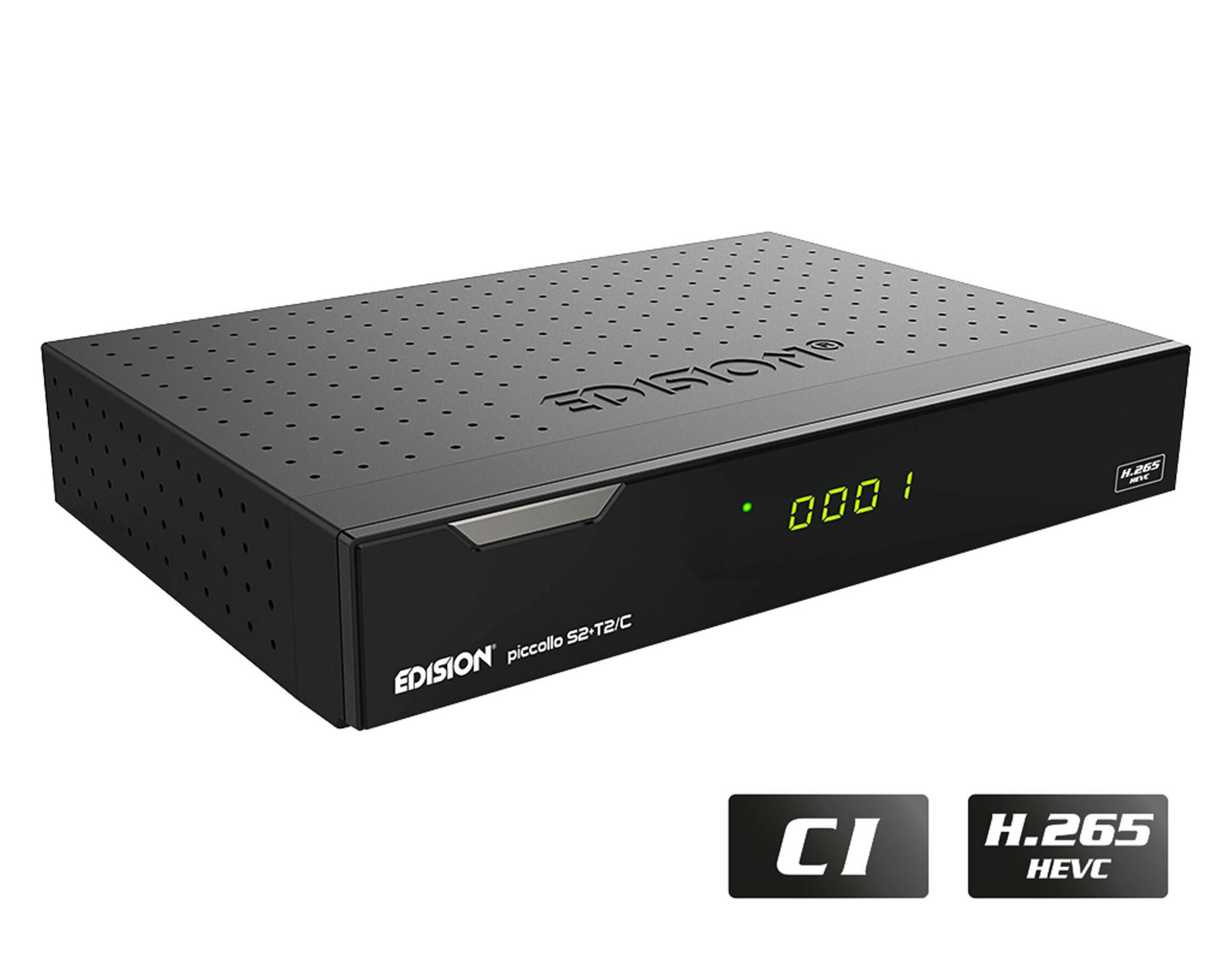 Schwarzer Digitalreceiver mit der Marke 'EDISION' und CI- und H.265-Logos.