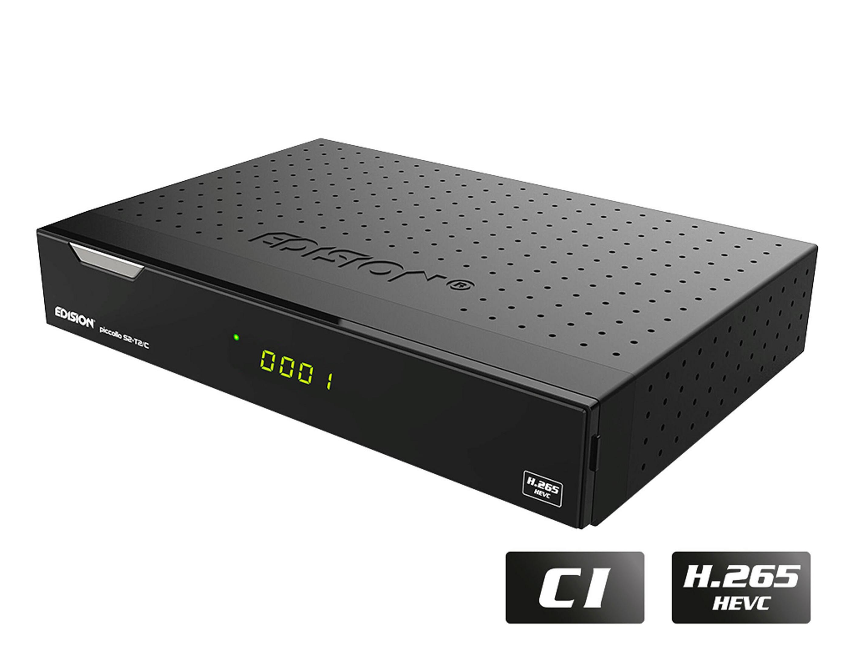 Schwarze Set-Top-Box mit grüner Anzeige, die '0001' zeigt, und H.265 HEVC-Logo.