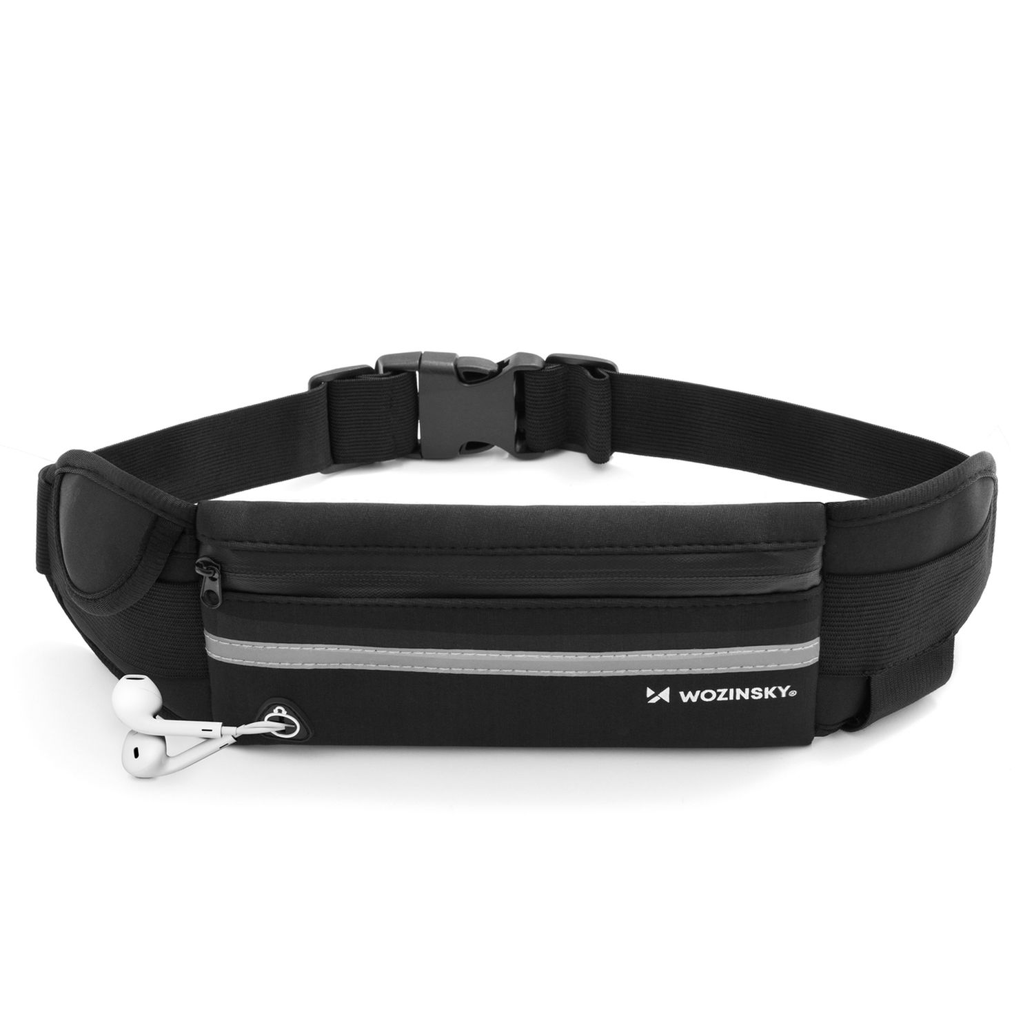 Una cintura da corsa nera con una tasca con cerniera. Include una striscia riflettente e un piccolo foro per auricolari.