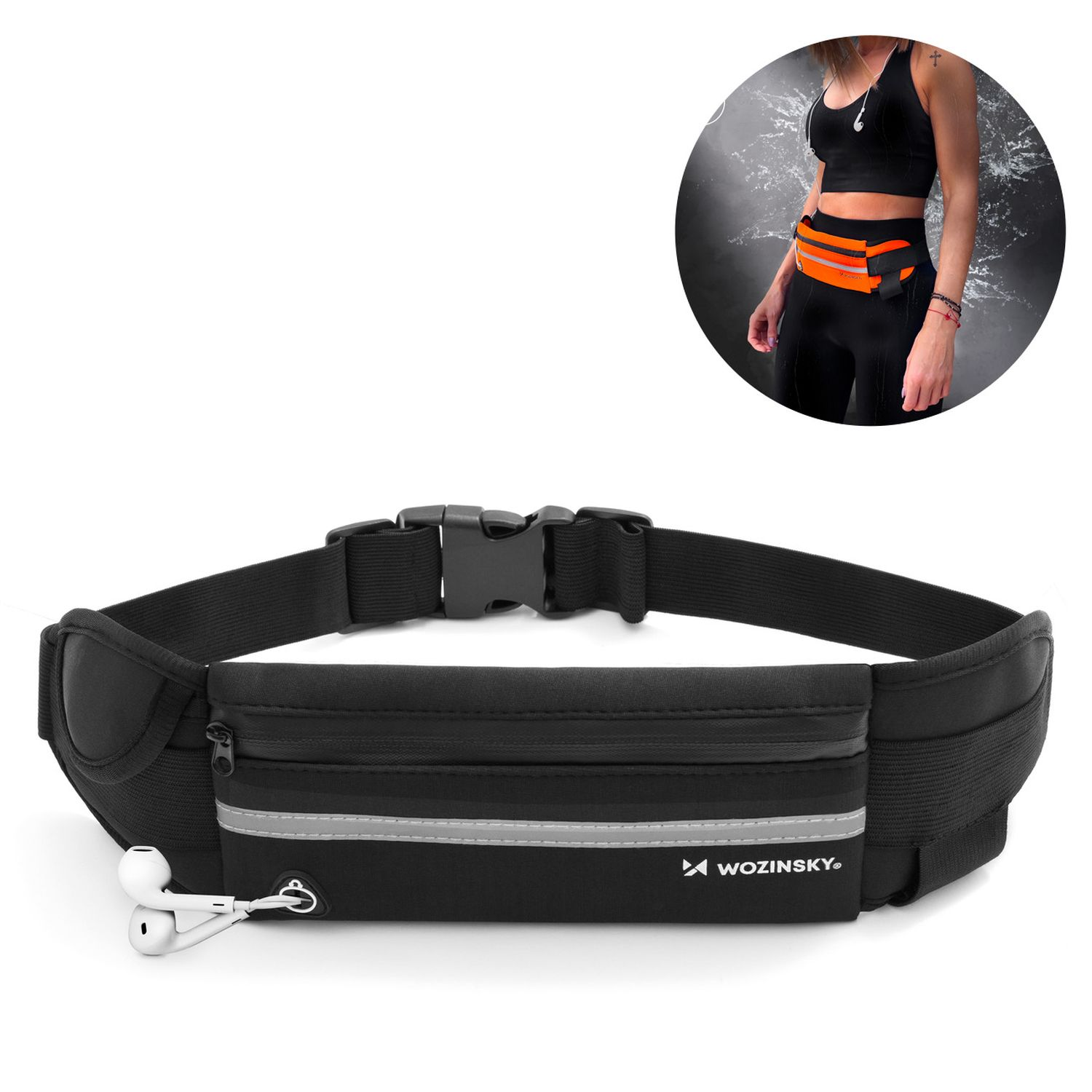 Fascia da corsa nera con tasca con zip, striscia riflettente e una donna che la indossa.