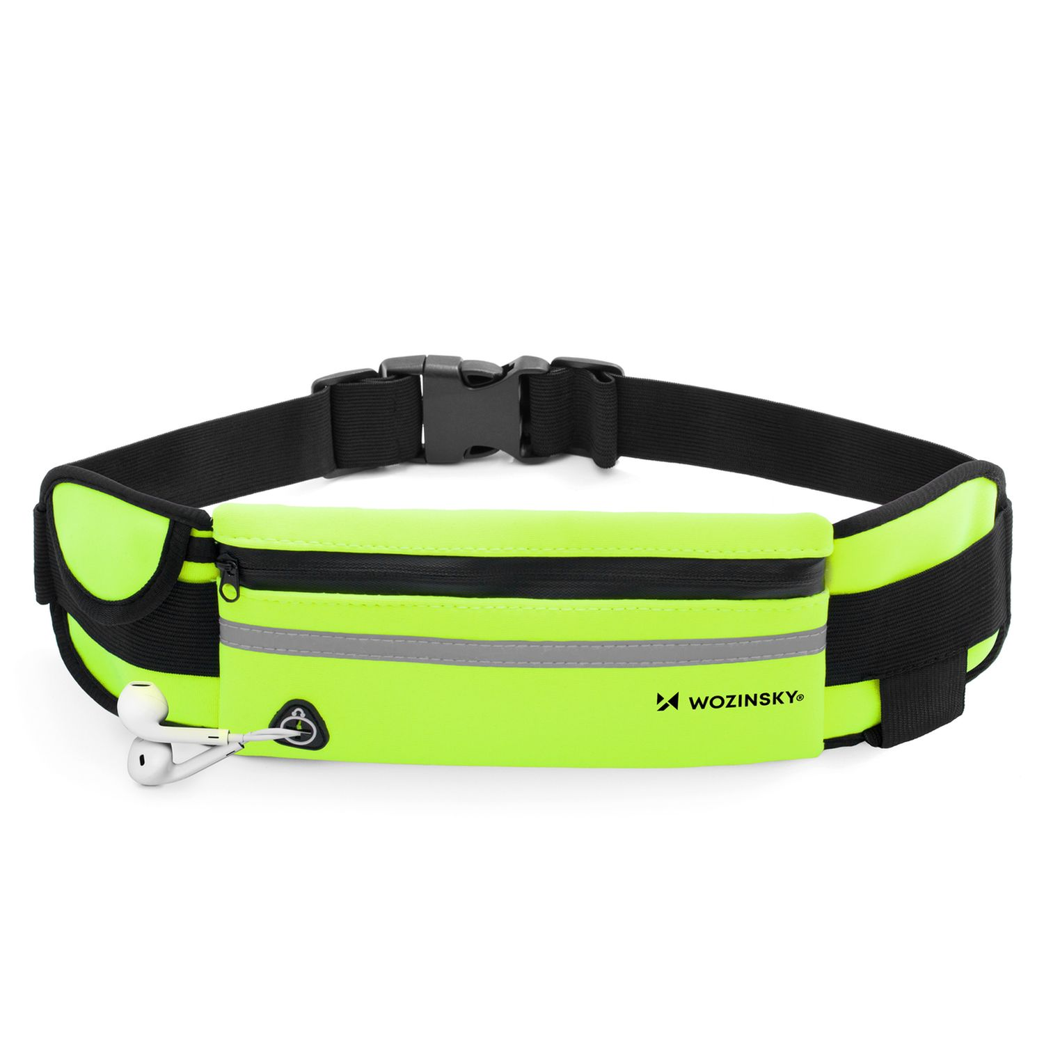 Cintura da corsa verde neon con tasca con cerniera nera e auricolari bianchi.