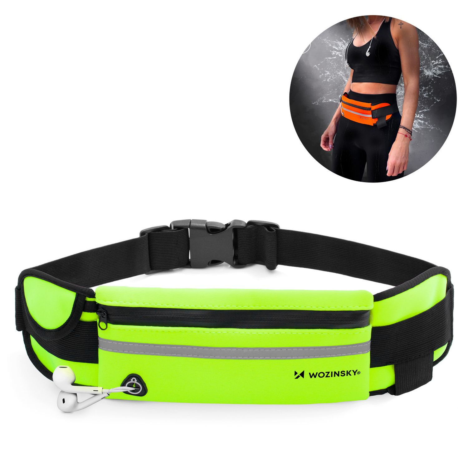 Una cintura da corsa verde neon con una donna nell'inserto che indossa una cintura simile. Auricolari.
