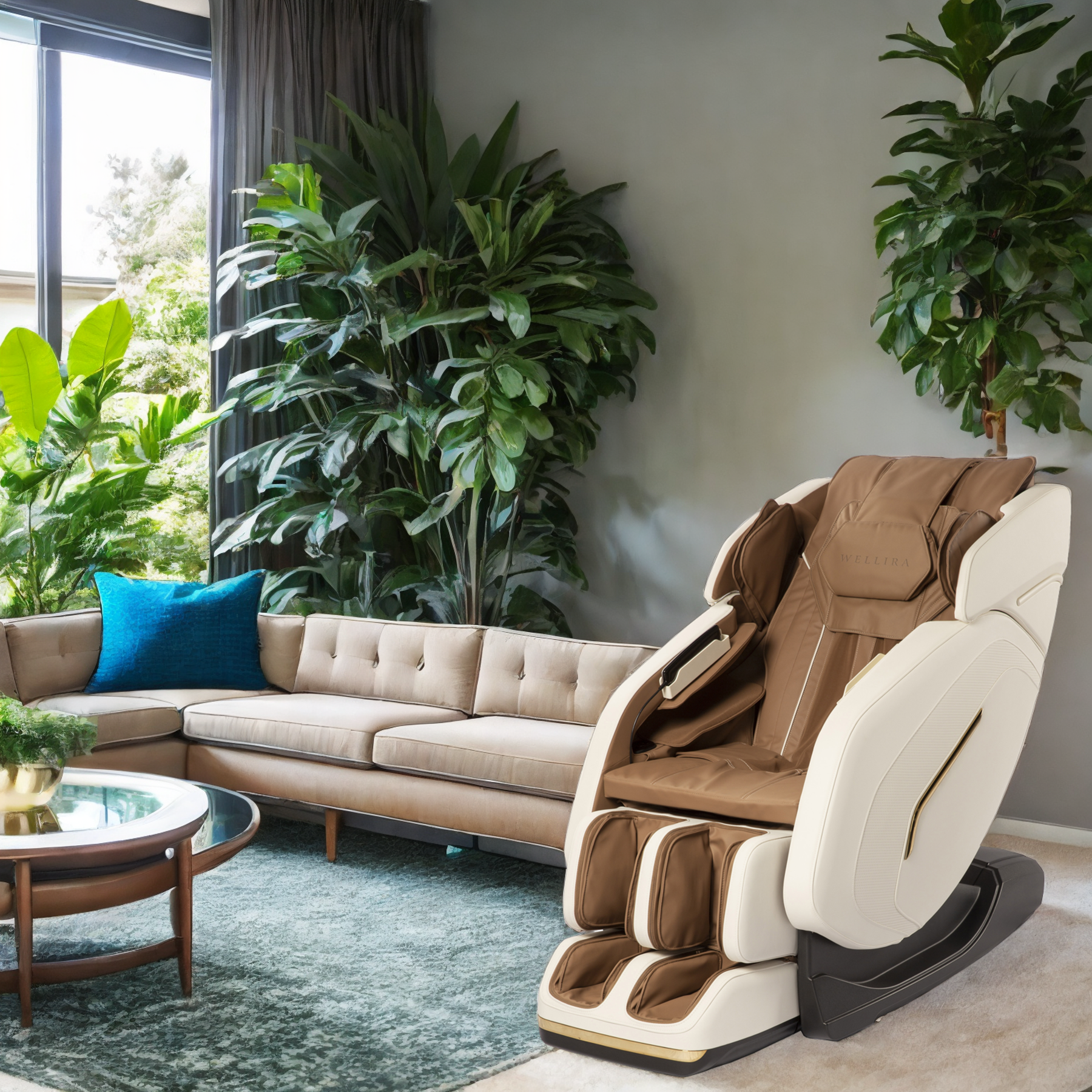 Ein Massagesessel und ein Sofa mit Pflanzen und Fenster im Hintergrund. Der Raum hat Teppich und Pflanzen.