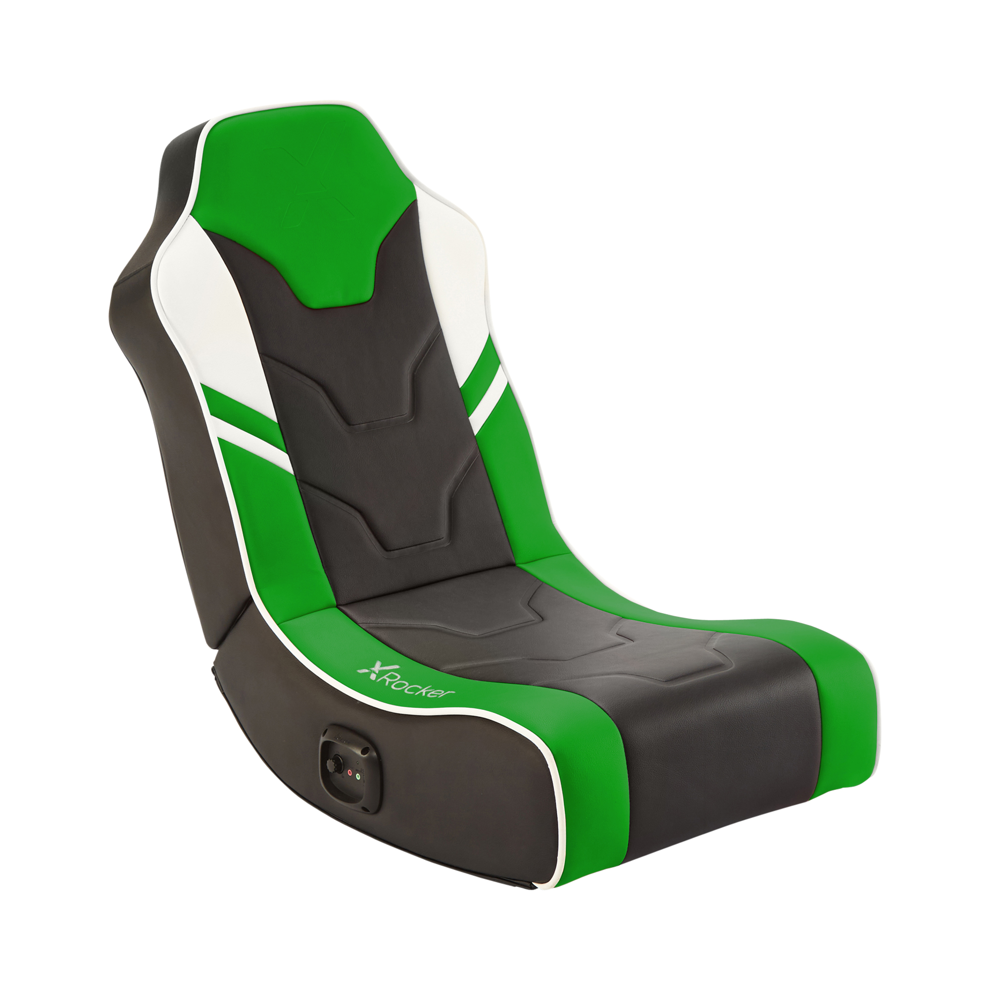 Gaming-Stuhl in Schwarz, Weiß und Grün. Der Stuhl hat eine Wippbasis.