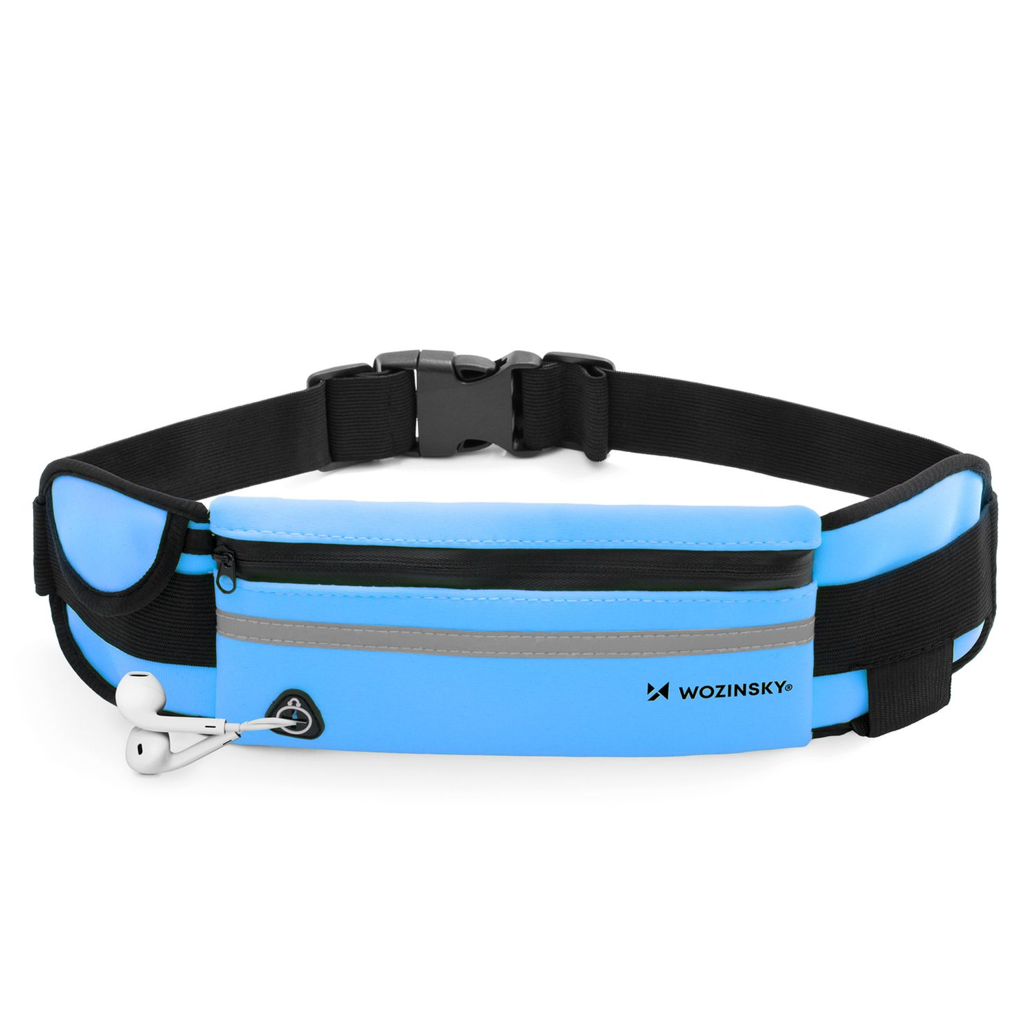 Cintura da corsa blu con dettagli neri e tasca con zip. Auricolari bianchi collegati.