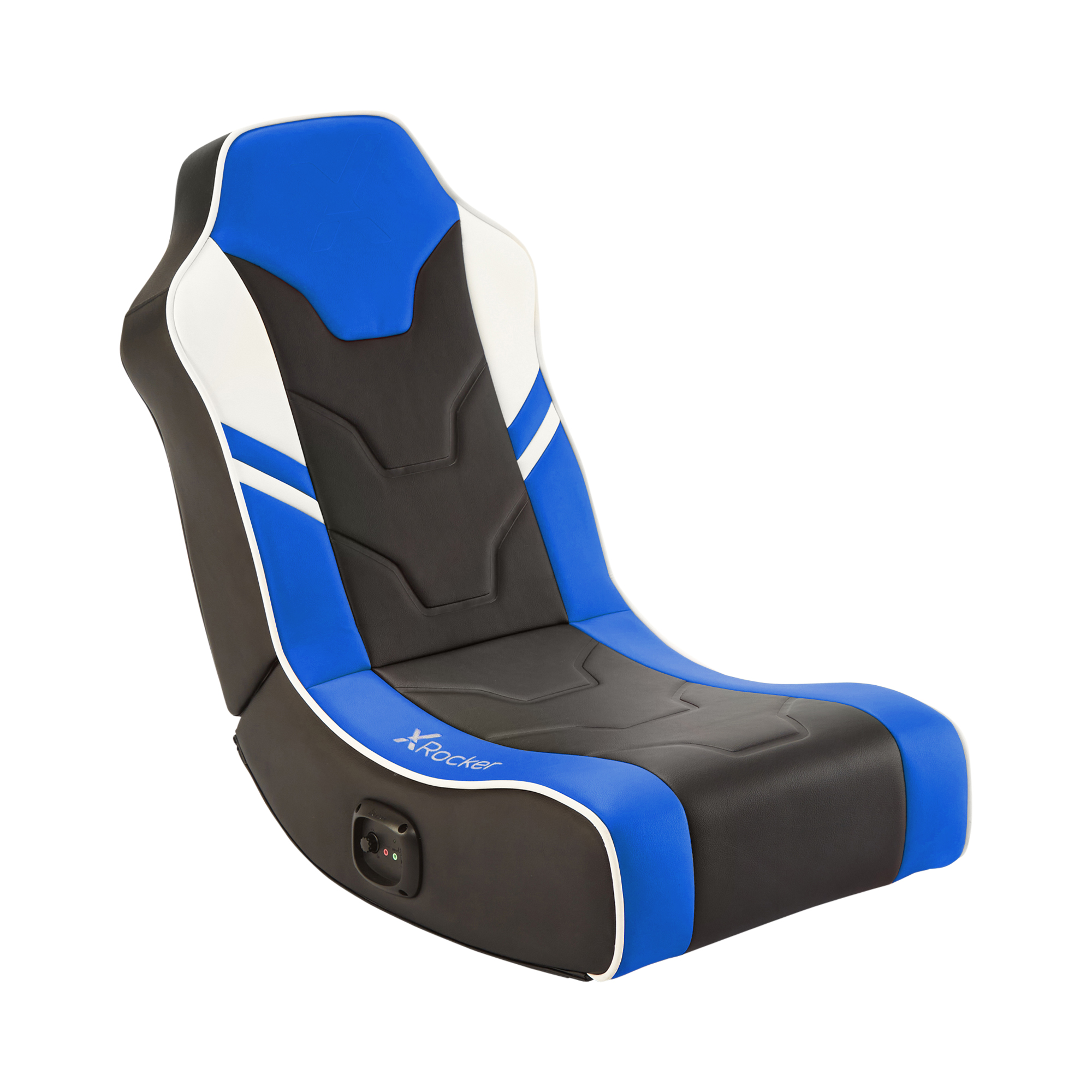 Ein Gaming-Stuhl mit blauen und weißen Akzenten auf schwarzer Basis.