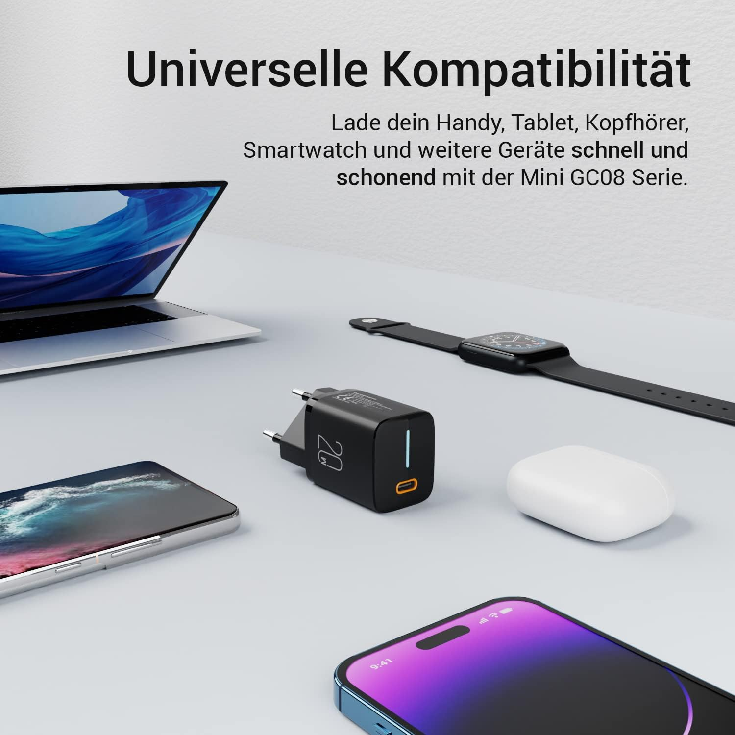 Verschiedene Geräte, darunter Telefon, Laptop, Smartwatch und Ladegerät auf einem Tisch. Text: "Universelle Kompatibilität".
