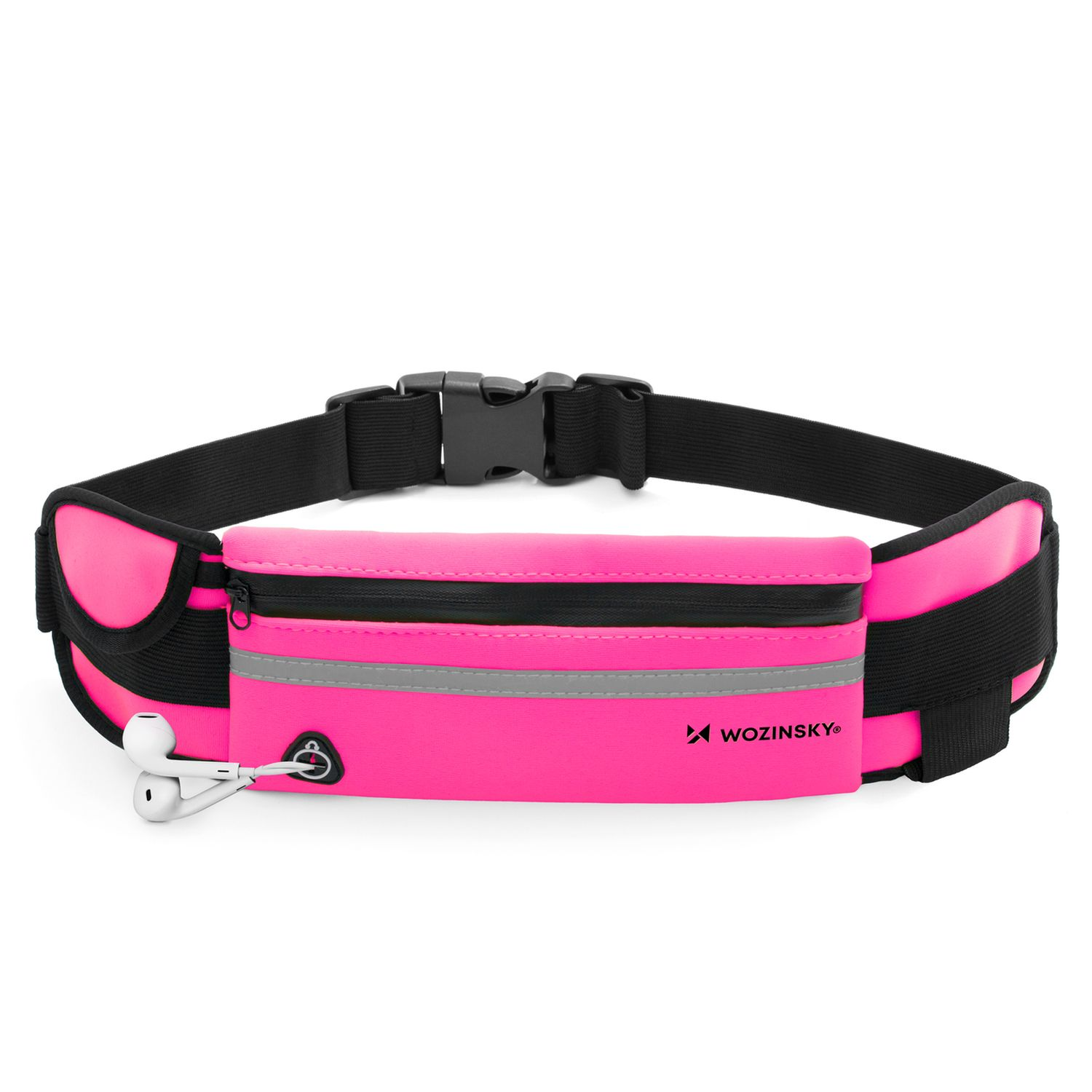 Cintura da corsa rosa con tasca con cerniera nera e auricolari bianchi.