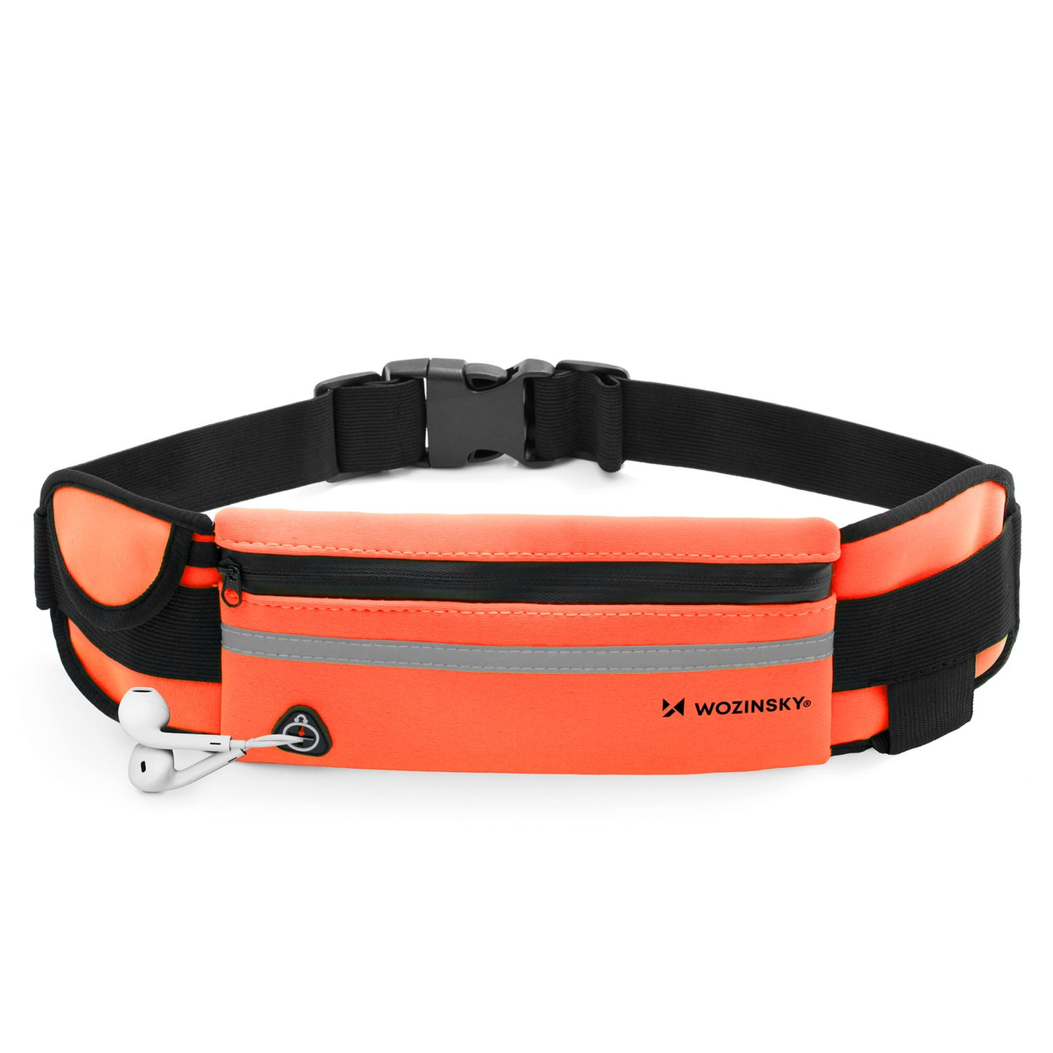 Cintura da corsa arancione con cinturino nero e accesso per auricolari, con auricolari inseriti.