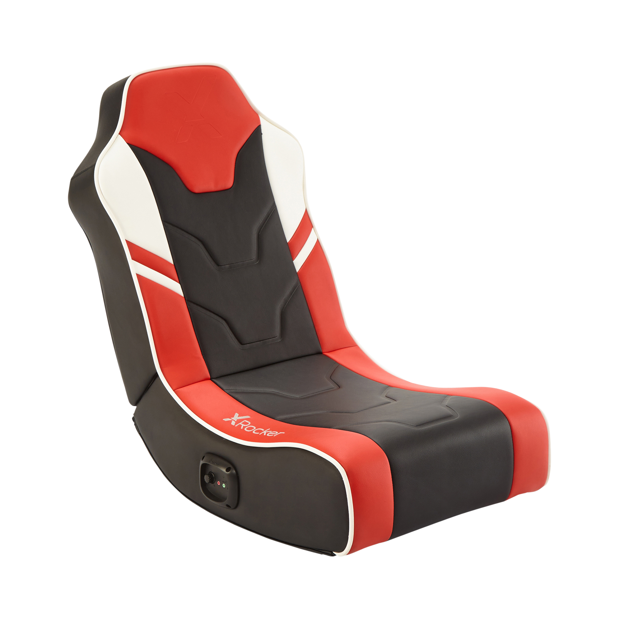 Ein rot-schwarzer und weißer Gaming-Stuhl. Hat ein X-Rocker-Logo auf der Vorderseite.