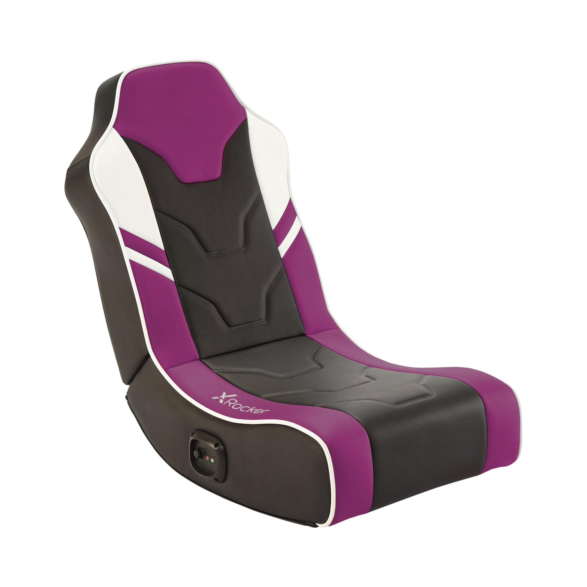 Ein lila-schwarzer Gaming-Stuhl. Er hat weiße Akzente und das X Rocker-Logo.