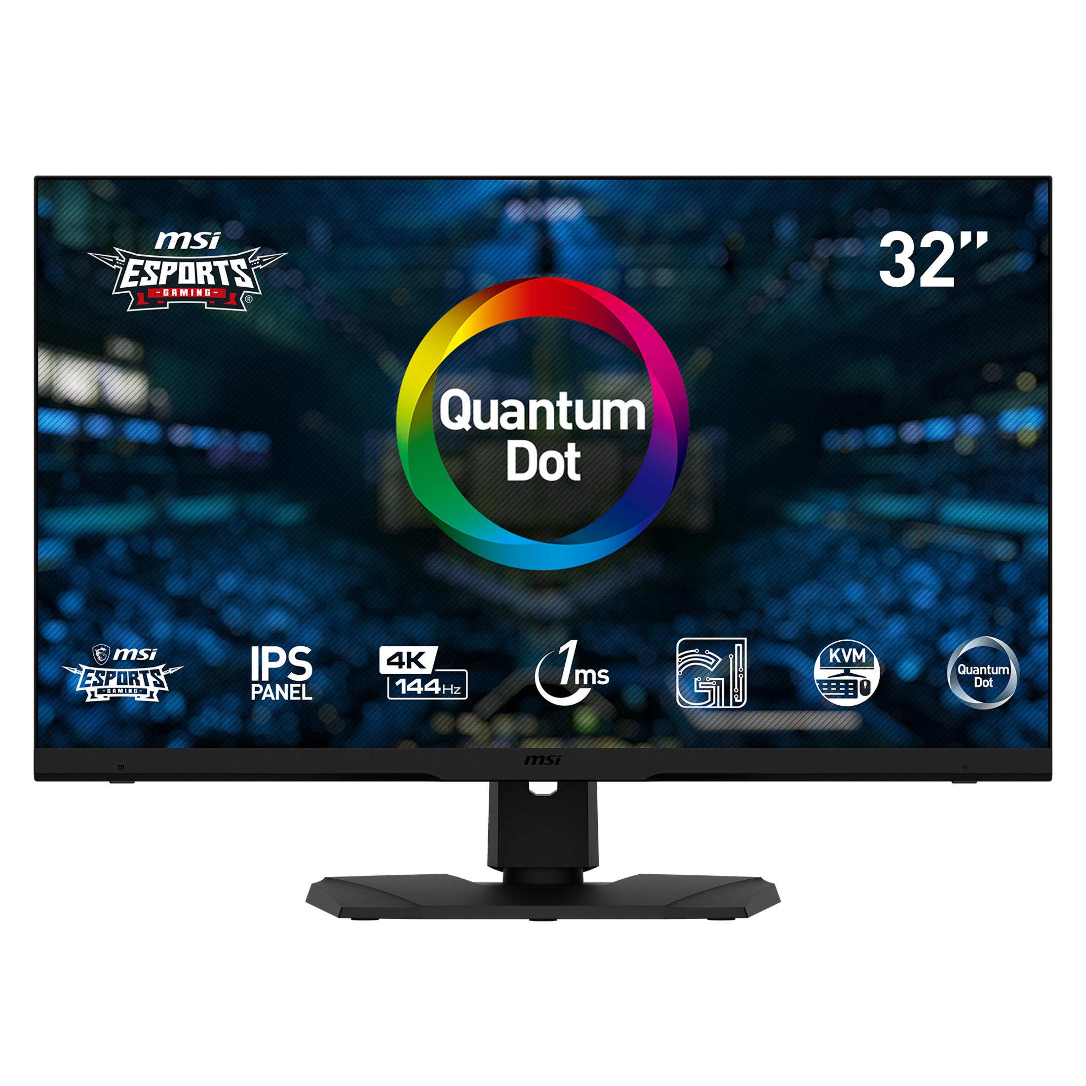 Monitor gaming MSI da 32" con logo Quantum Dot. Base e cornice nere. Grafica di gioco sullo schermo.