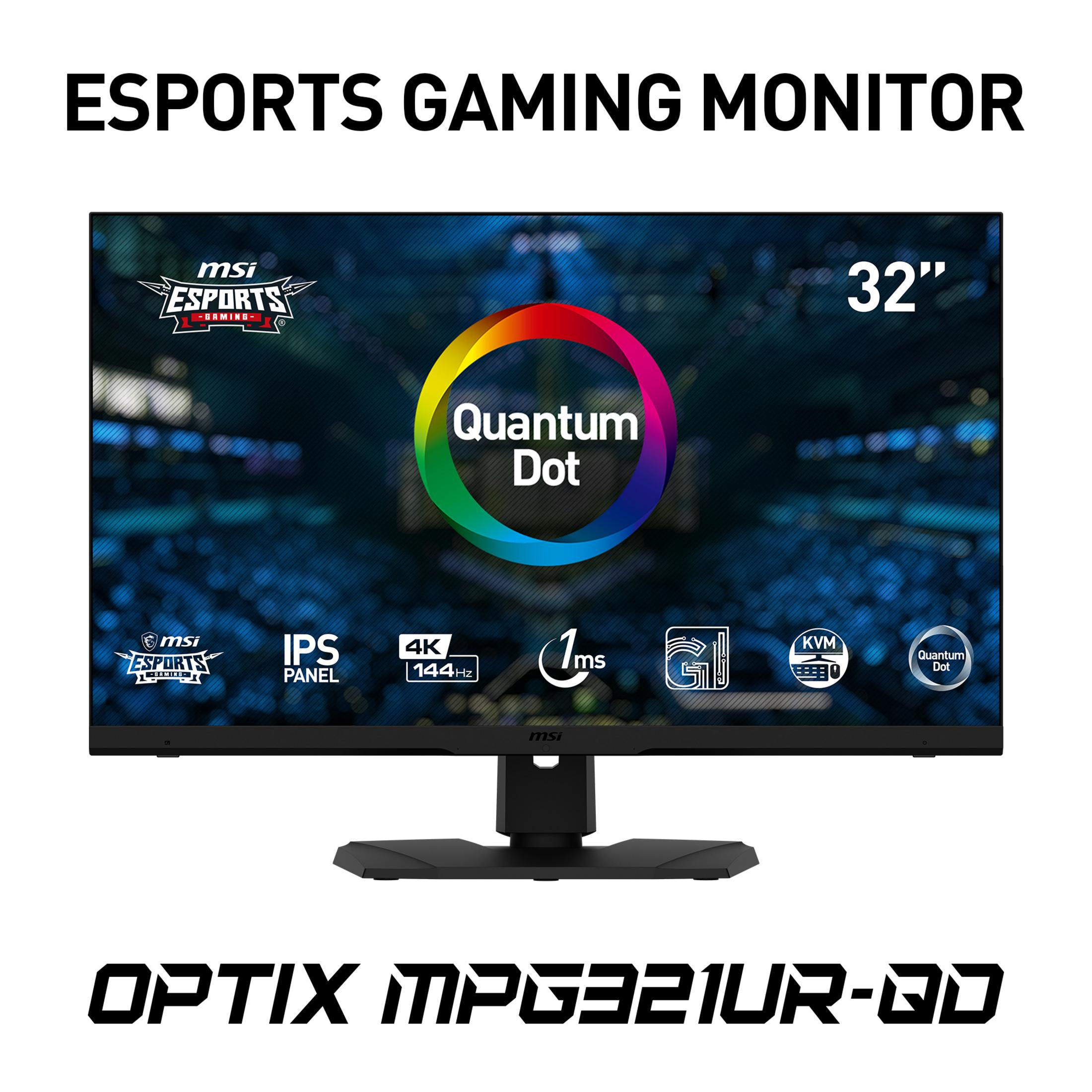 Un monitor da gioco da 32" con logo MSI, Quantum Dot e altre specifiche.