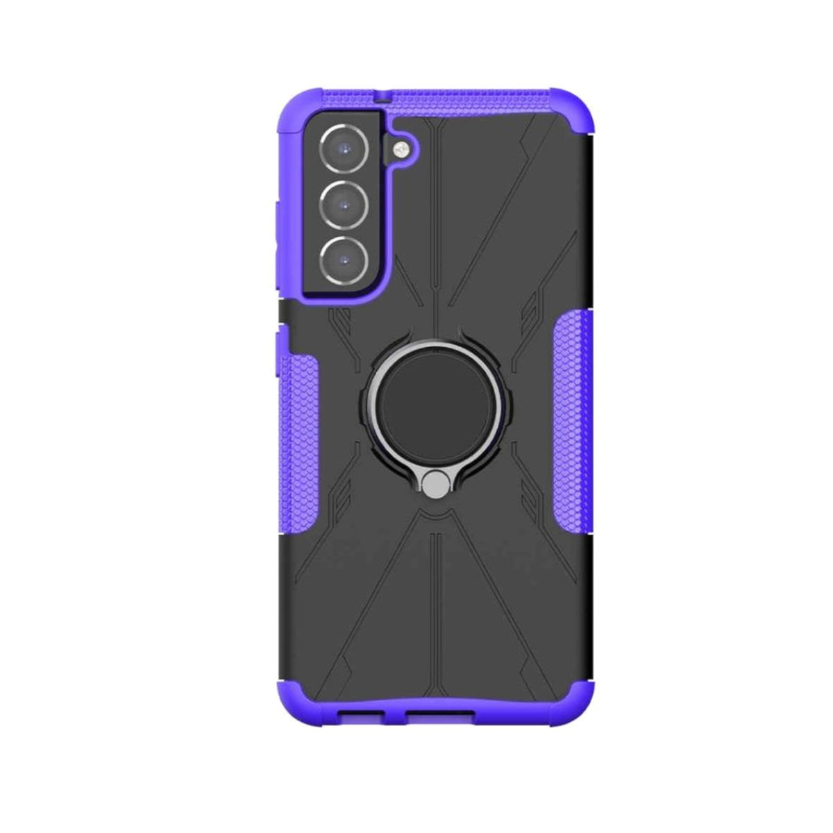 Schwarz-violette Handyhülle. Sie hat einen Ringhalter auf der Rückseite. Weißer Hintergrund.
