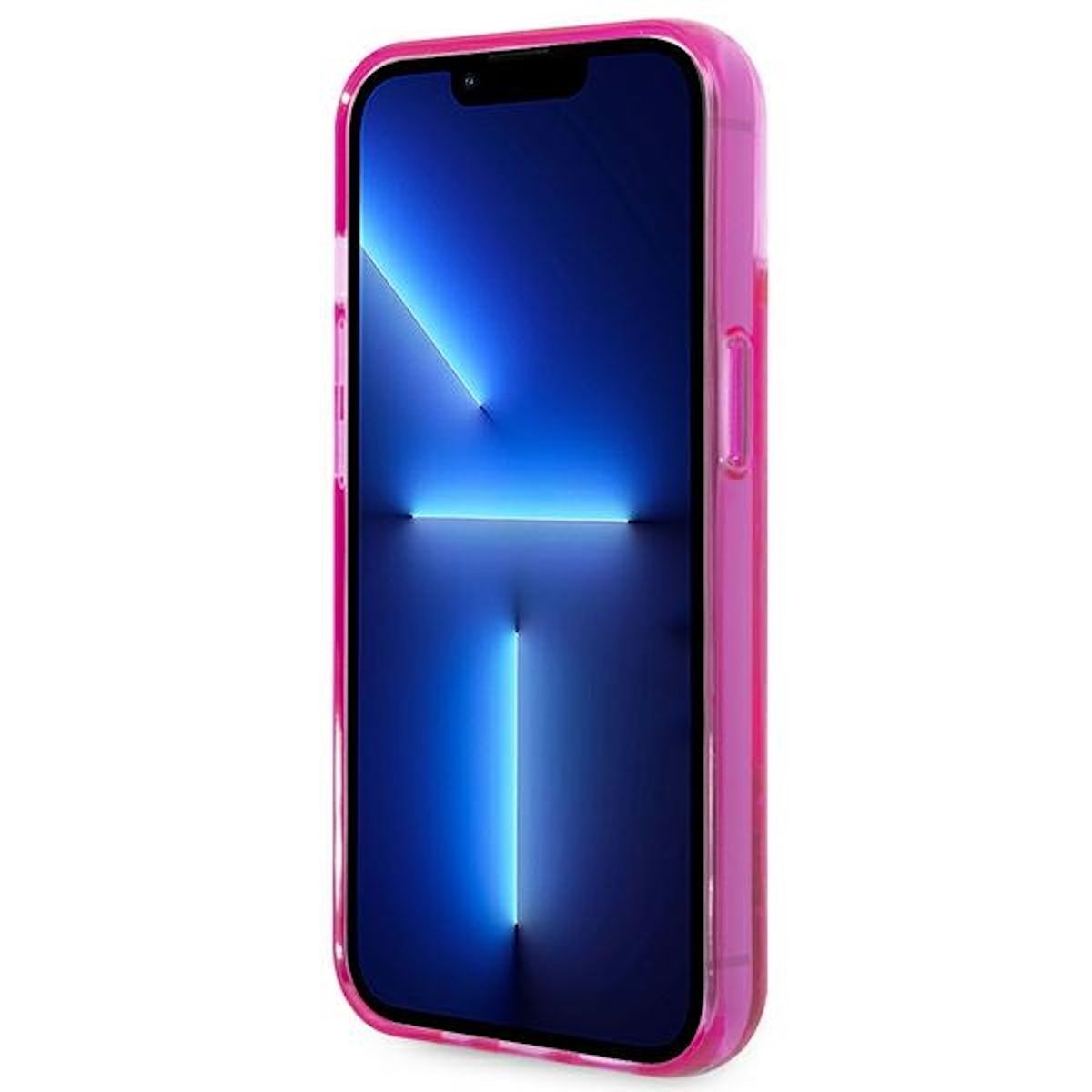 Una custodia rosa per telefono con schermo blu. Il design del telefono è elegante e moderno.
