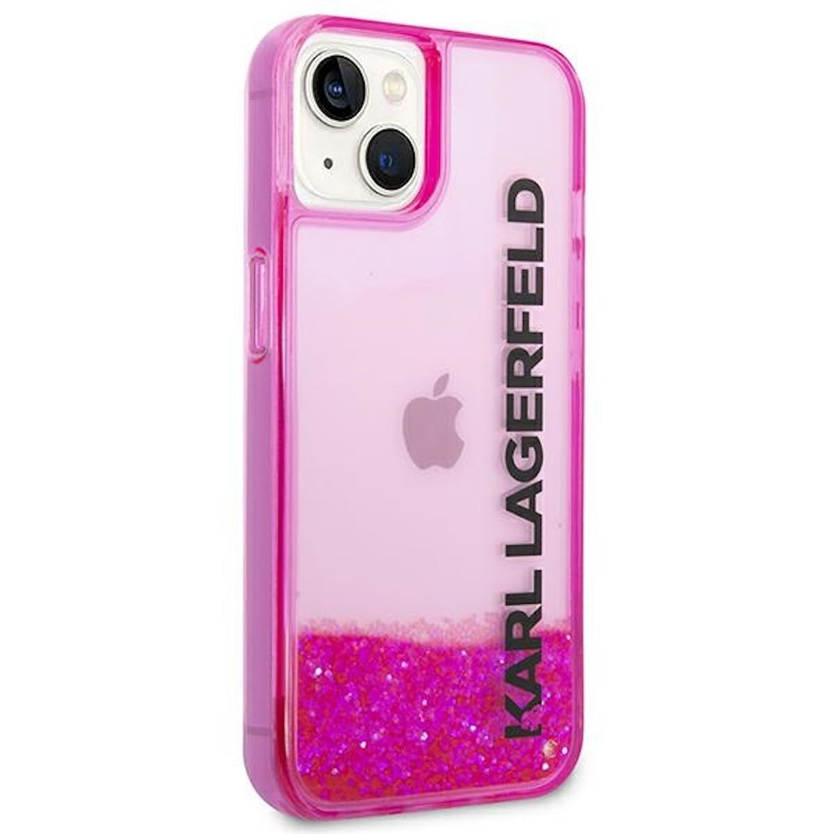 Custodia rosa Karl Lagerfeld con glitter e logo Apple. Lo sfondo è bianco.
