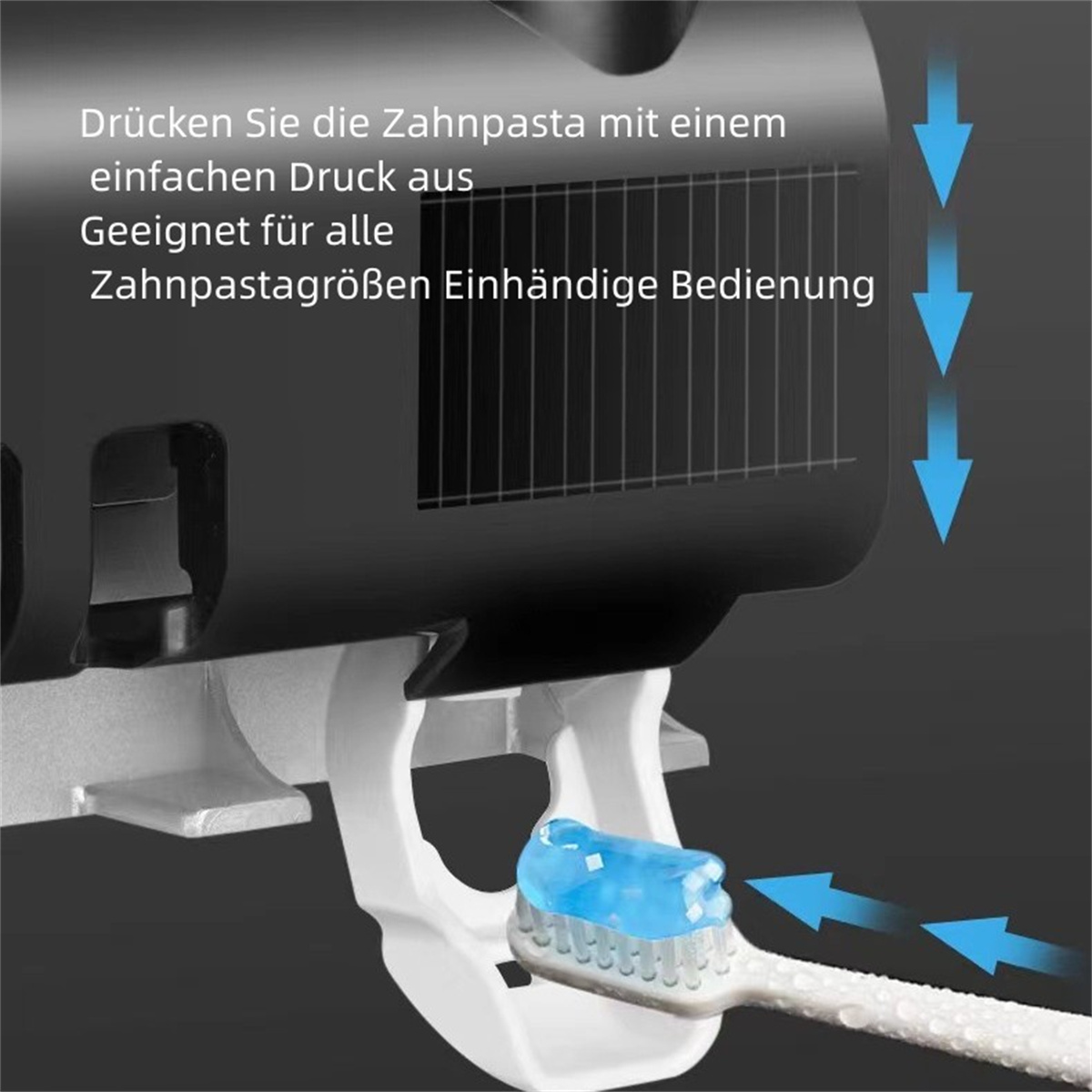 Ein Zahnpastaspender, bei dem Zahnpasta auf eine Zahnbürste abgegeben wird.