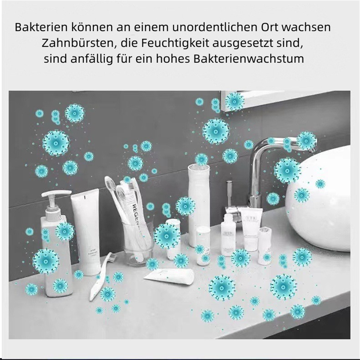 Ein Waschbeckenbereich mit Toilettenartikeln. Blaue Virusillustrationen sind um die Artikel verstreut.