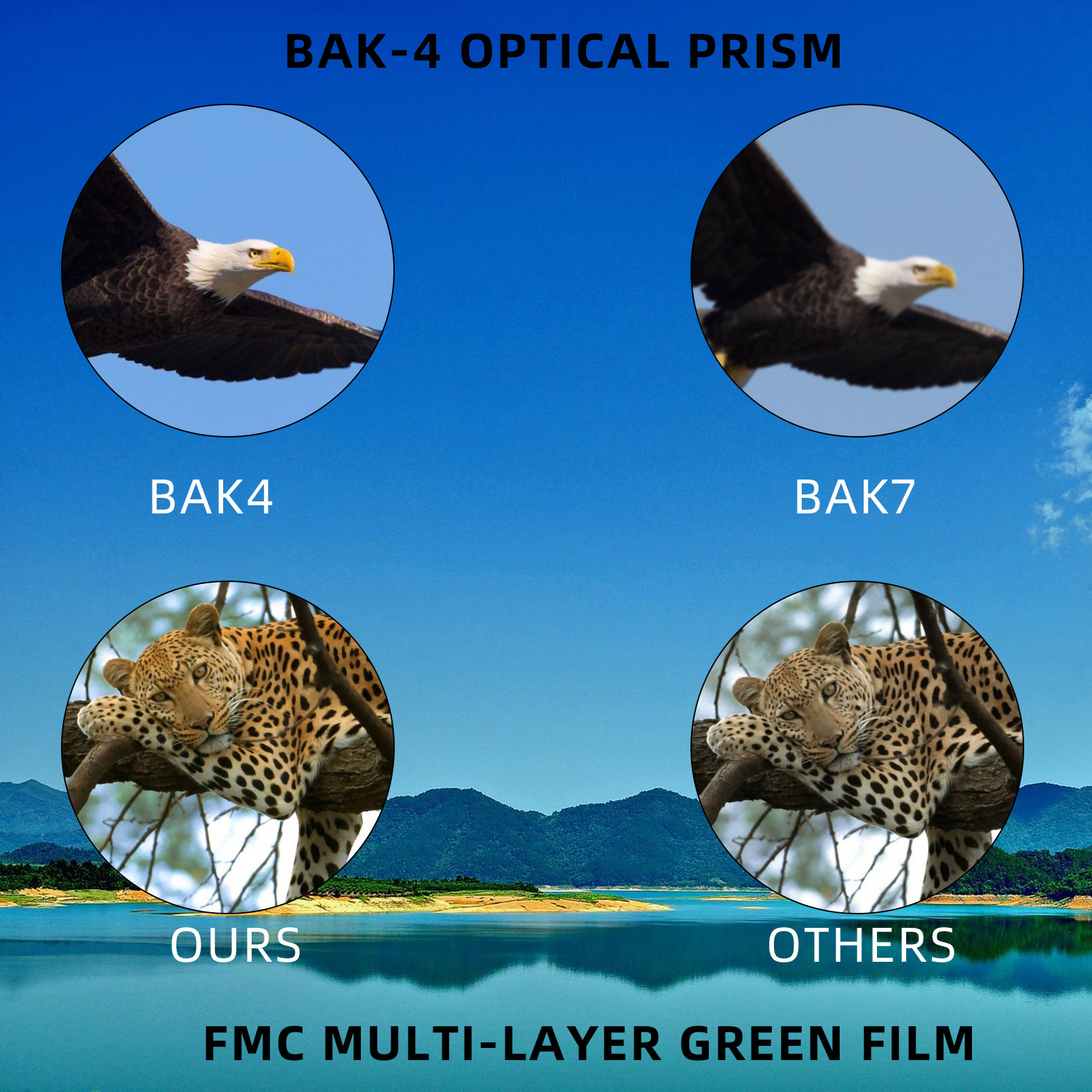 Optischer Prismenvergleich: Adler und Leoparden. 'BAK-4' vs. 'BAK7' und 'OURS' vs. 'OTHERS' mit FMC-Mehrschichtfilm.