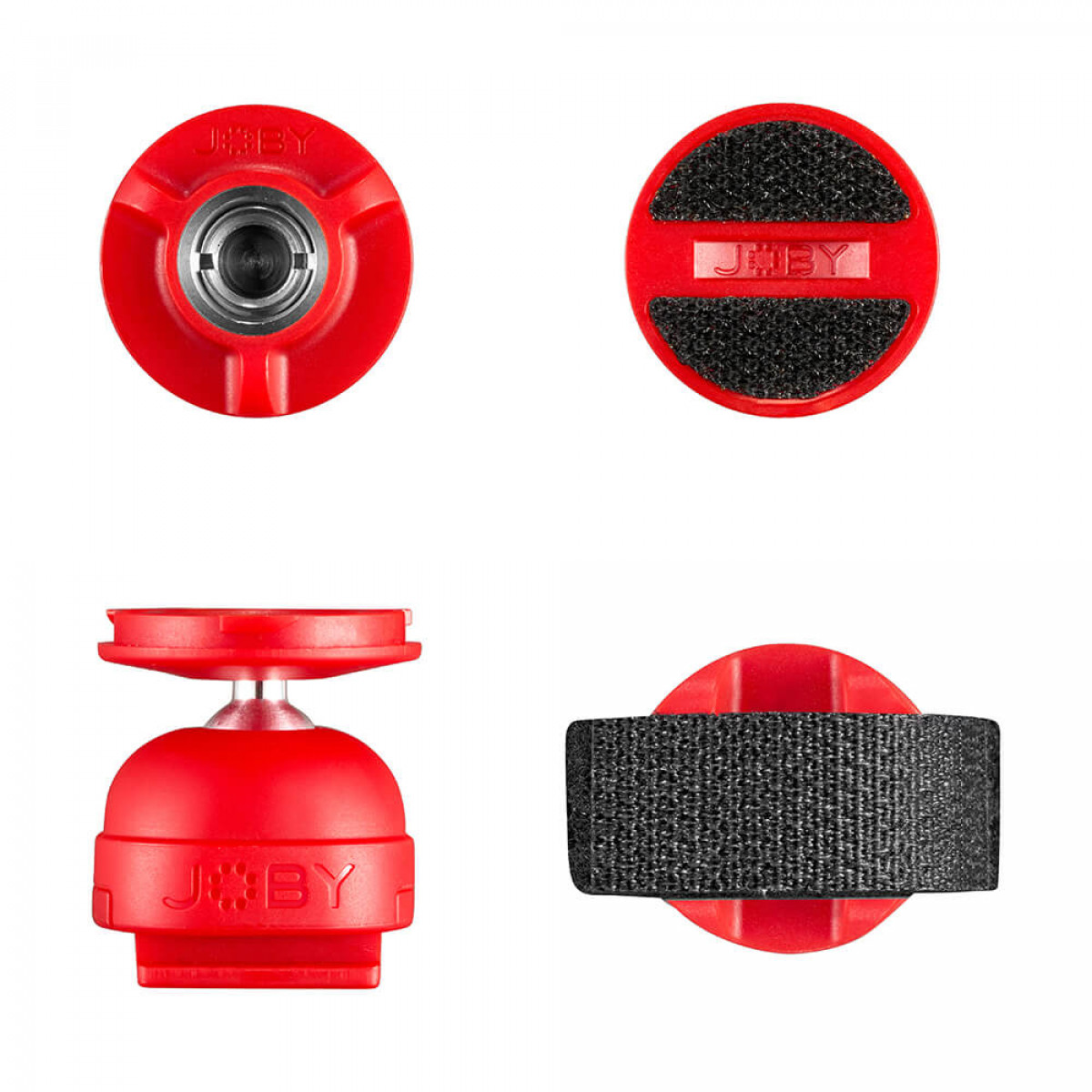 Vier rote Accessoires mit dem Markennamen JBBY. Zwei sind rund, und zwei haben eine andere Form.