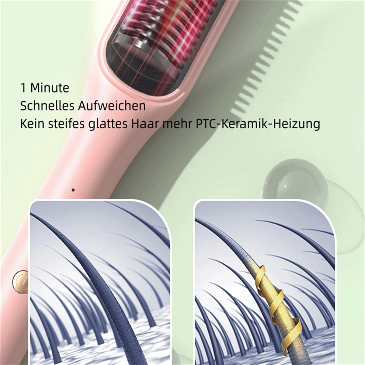 Ein rosa Haarglätter mit kammartiger Struktur, mit Haarsträhnen vor und nach dem Glätten gezeigt.