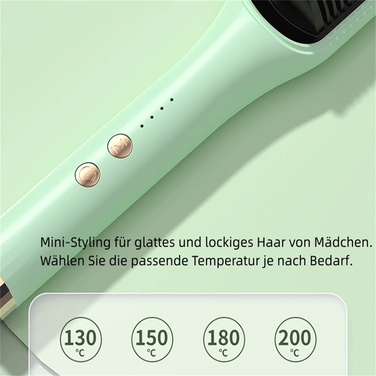 Ein mintgrüner Haarglätter mit Temperatureinstellungen von 130, 150, 180 und 200 Grad Celsius.