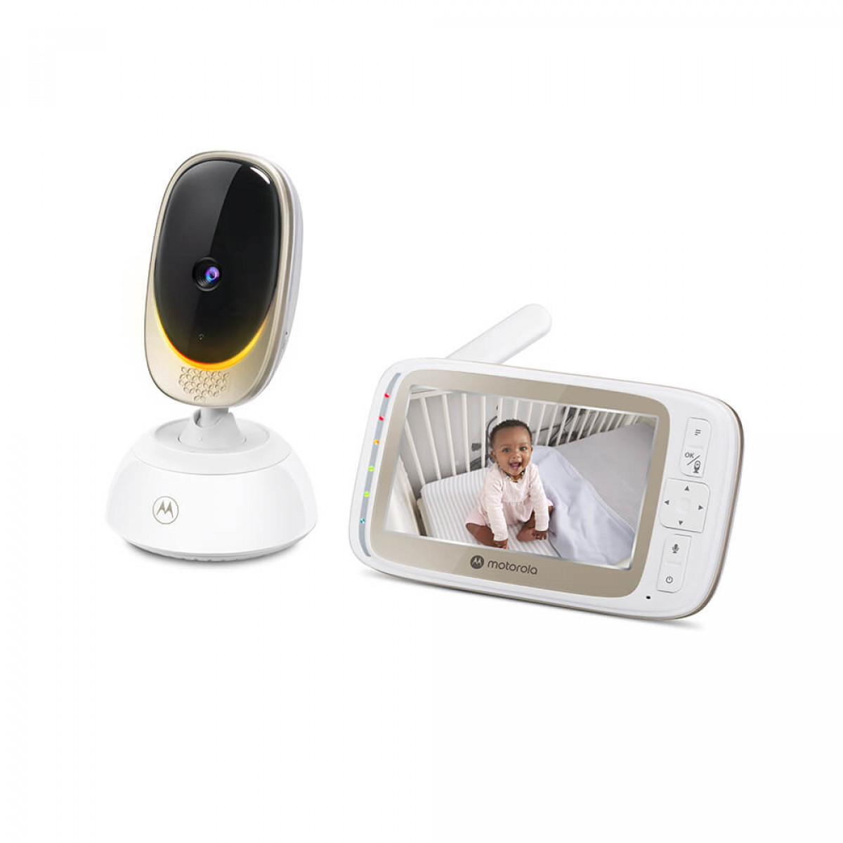 Baby monitor con telecamera e display. Lo schermo mostra un bambino in una culla.