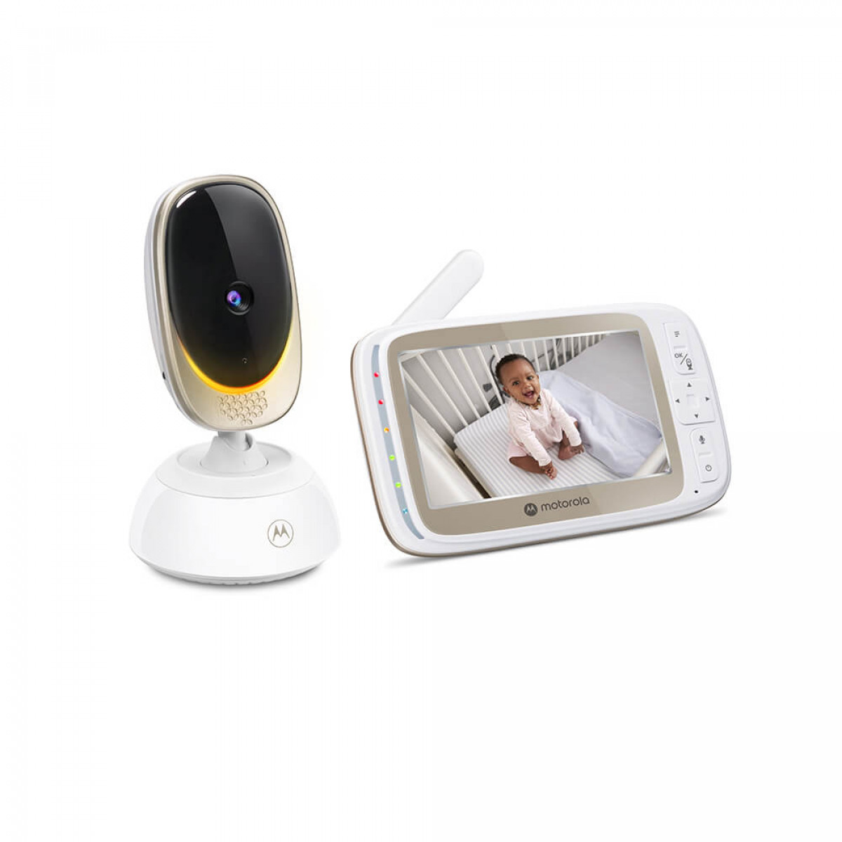 Un baby monitor con una telecamera e uno schermo che mostra un bambino in una culla.