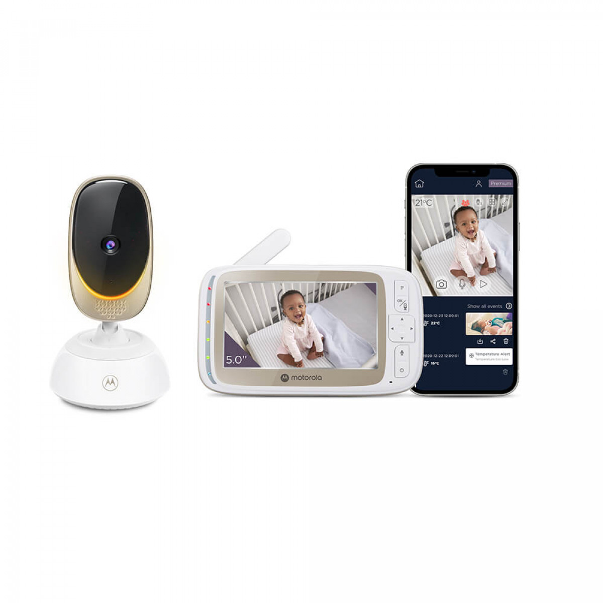 Babyphone-Setup mit Kamera, Bildschirm und Smartphone, das das Baby zeigt.