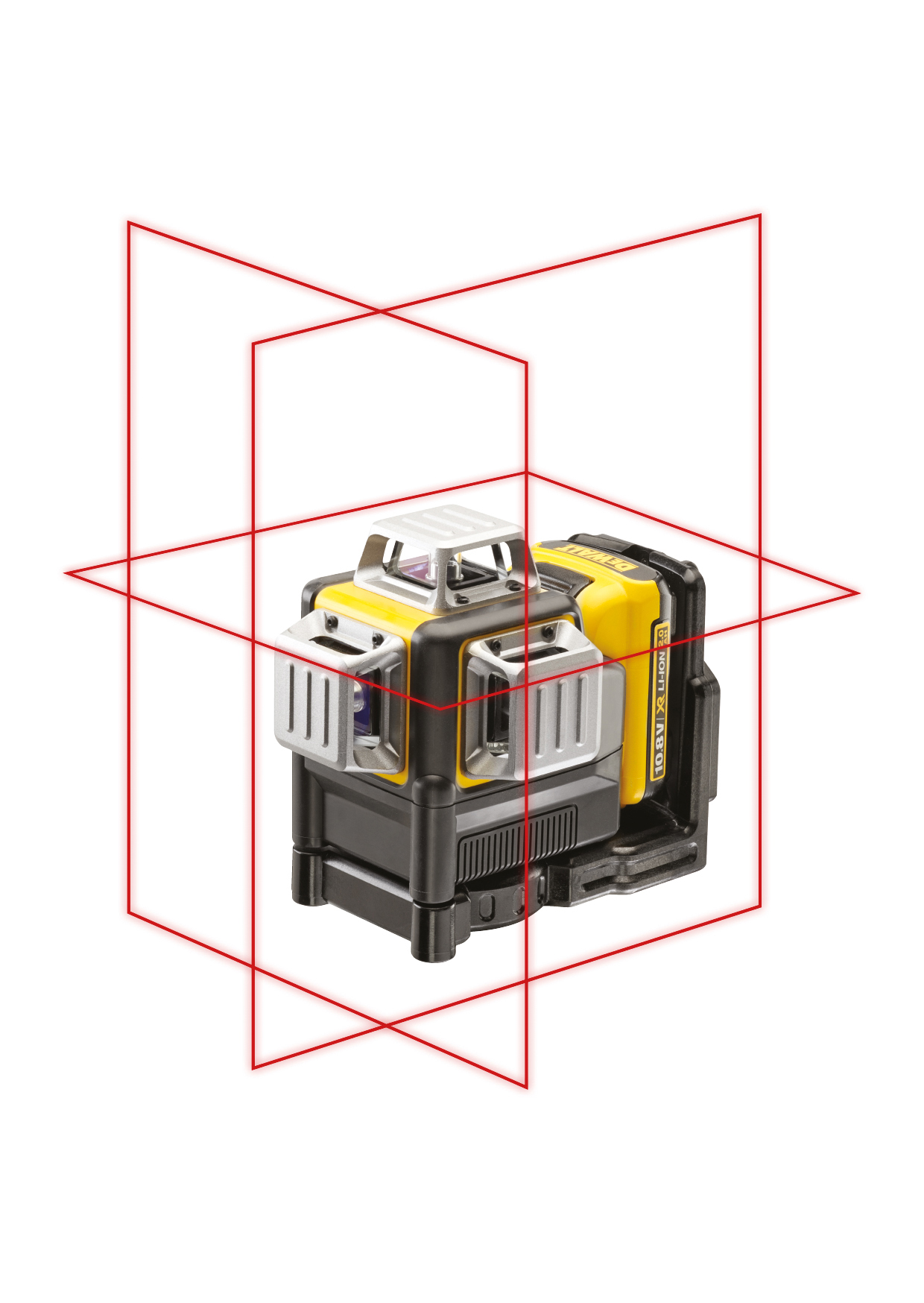 Żółto-czarny poziom laserowy z czerwonymi liniami lasera, białe tło.