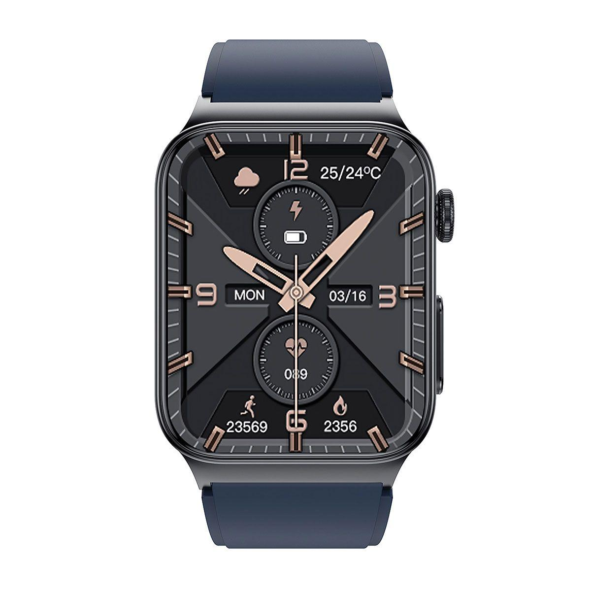 Smartwatch z ciemnym wyświetlaczem, niebieskim paskiem, z godziną, datą i danymi zdrowotnymi.