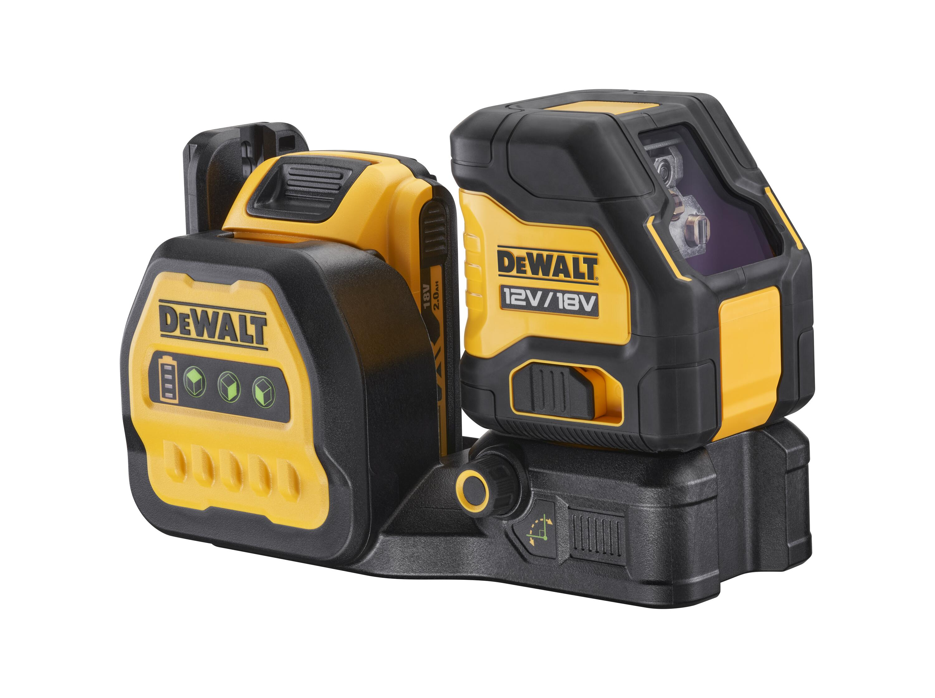 Gelb-schwarzes Dewalt-Laser-Niveau auf schwarzer Basis. Verfügt über Knöpfe und das Dewalt-Logo.