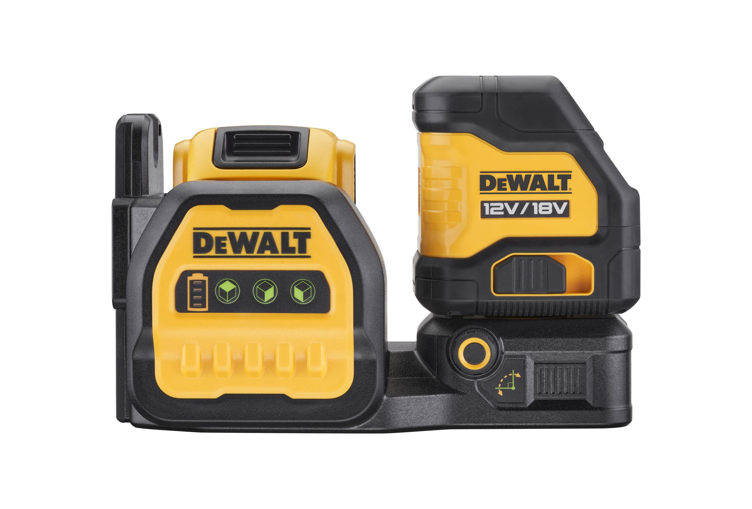 Gelb-schwarzes DeWalt-Laser-Nivellierwerkzeug. Mit DeWalt-Logo und Akkuanzeige. Weißer Hintergrund.