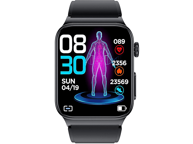 WATCHMARK Cardio One Schwarze Smartwatch Metall Silizium, 22mm, Schwarz