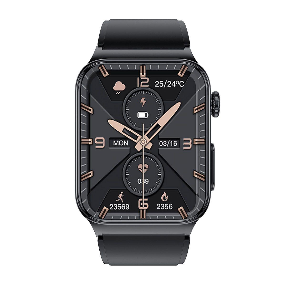 Czarny smartwatch z kwadratową tarczą, pokazujący czas, temperaturę i inne wskaźniki.