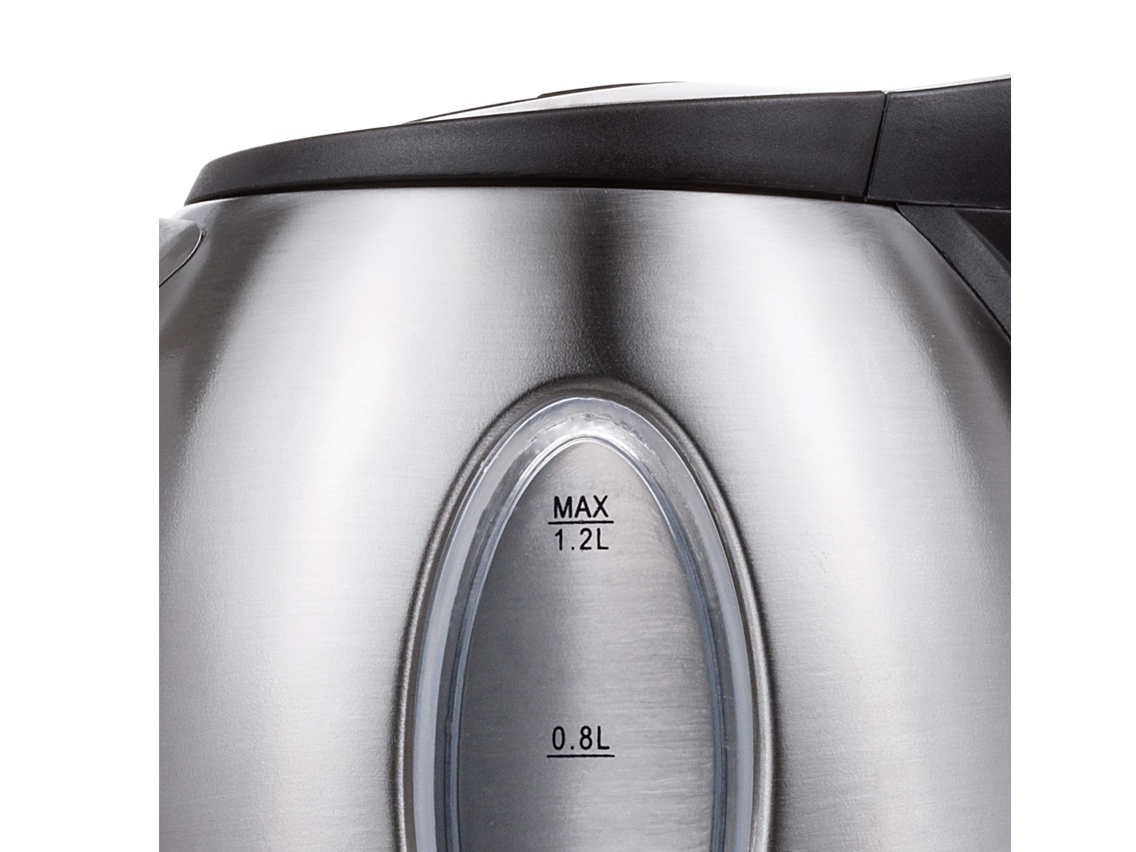 Edelstahl-Wasserkocher mit Wasserstandsanzeige, max. 1,2 l.
