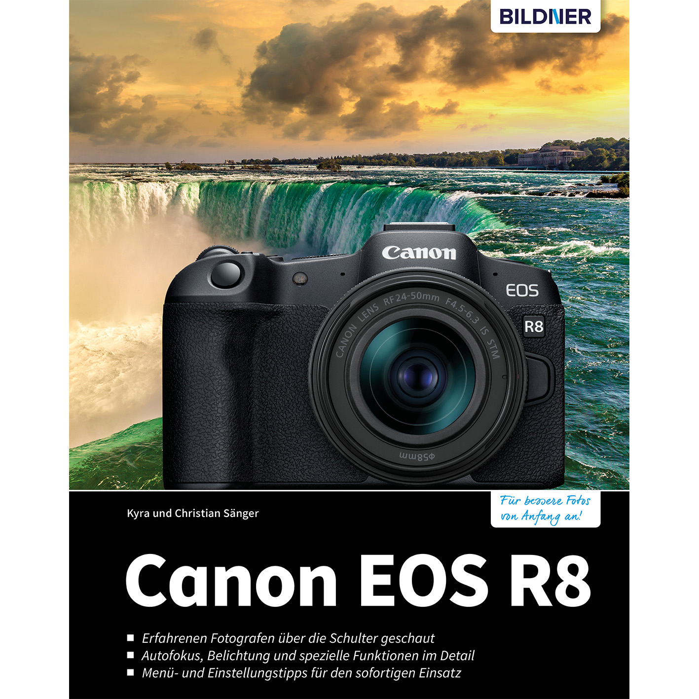 Ein Buch über Canon EOS R8 und eine Kamera. Im Hintergrund ein Wasserfall.