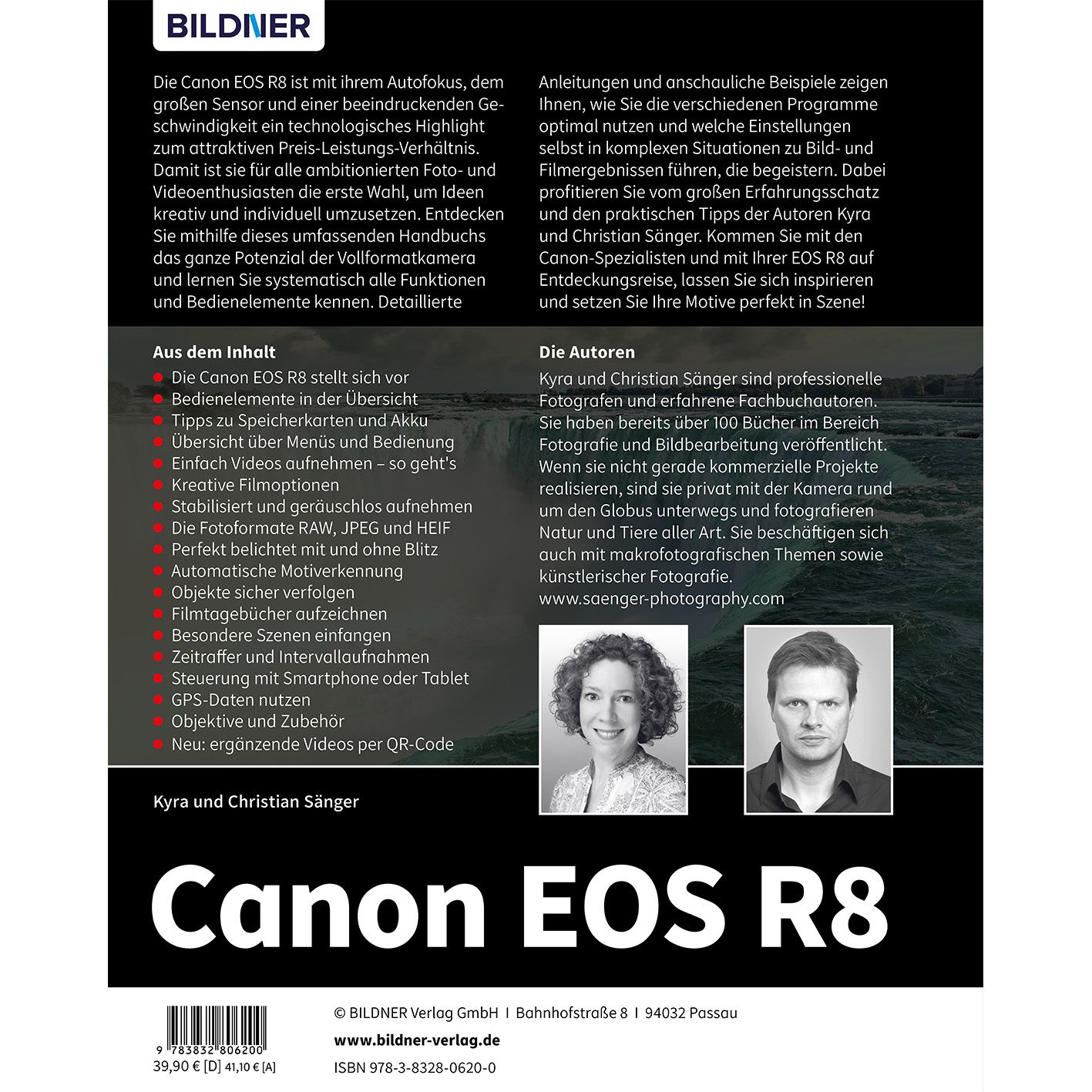 Buchcover der Canon EOS R8 Kamera, mit Text und Fotos der Autoren Kyra und Christian Sänger.