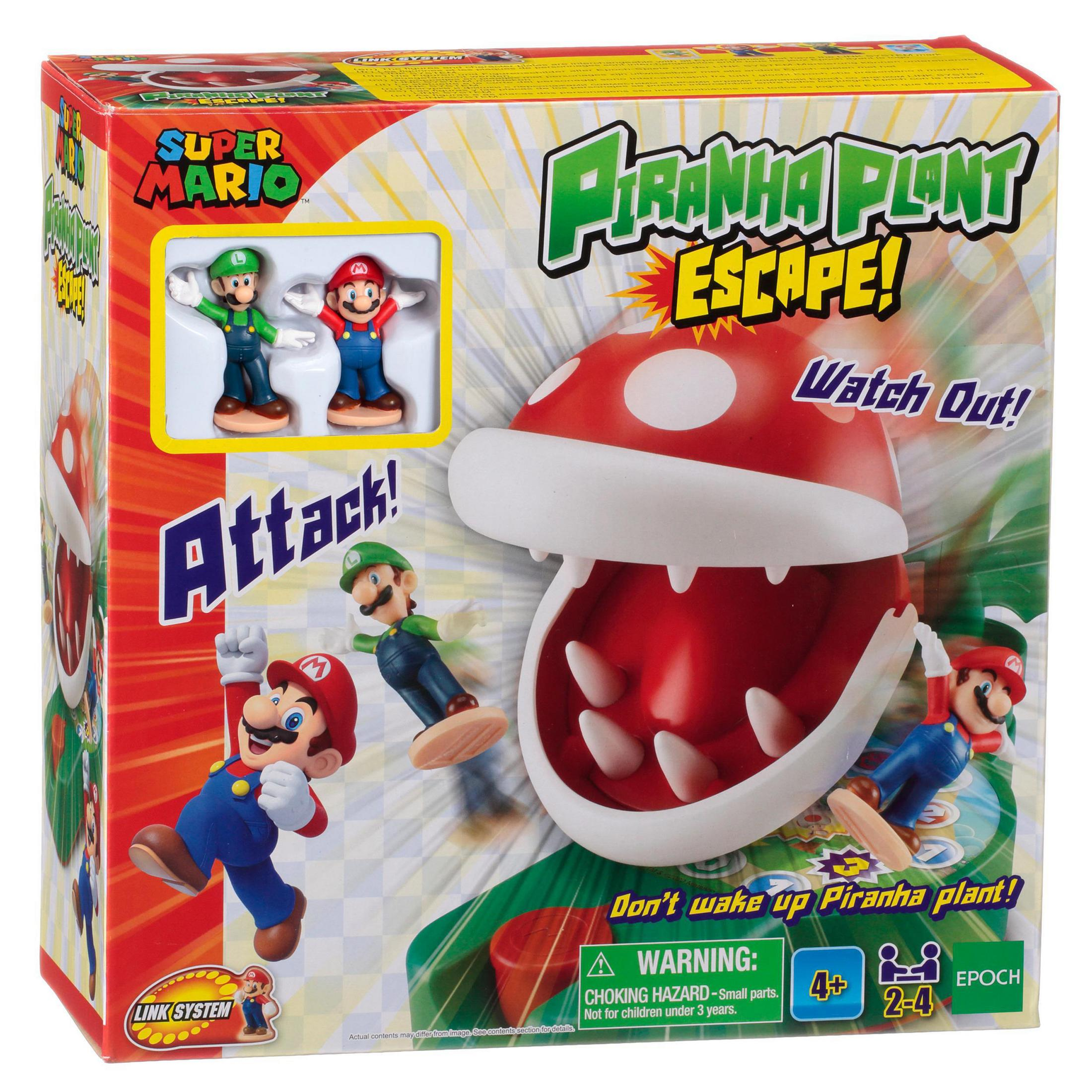 Pudełko gry Super Mario Piranha Plant Escape. Zawiera Mario, Luigiego i Piranha Plant. Białe tło.