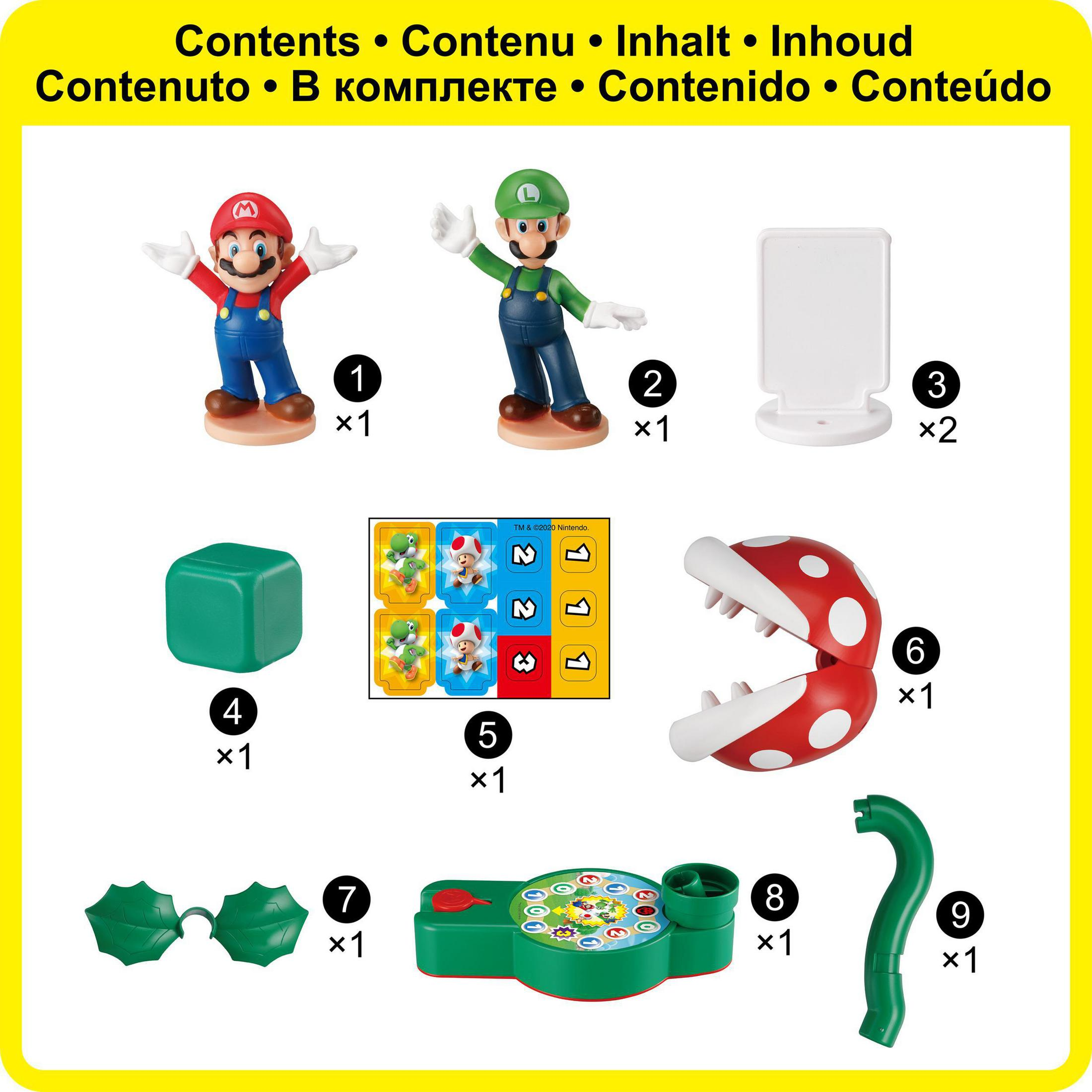 Różne elementy gry, w tym figurki Mario i Luigiego, karty i inne akcesoria.