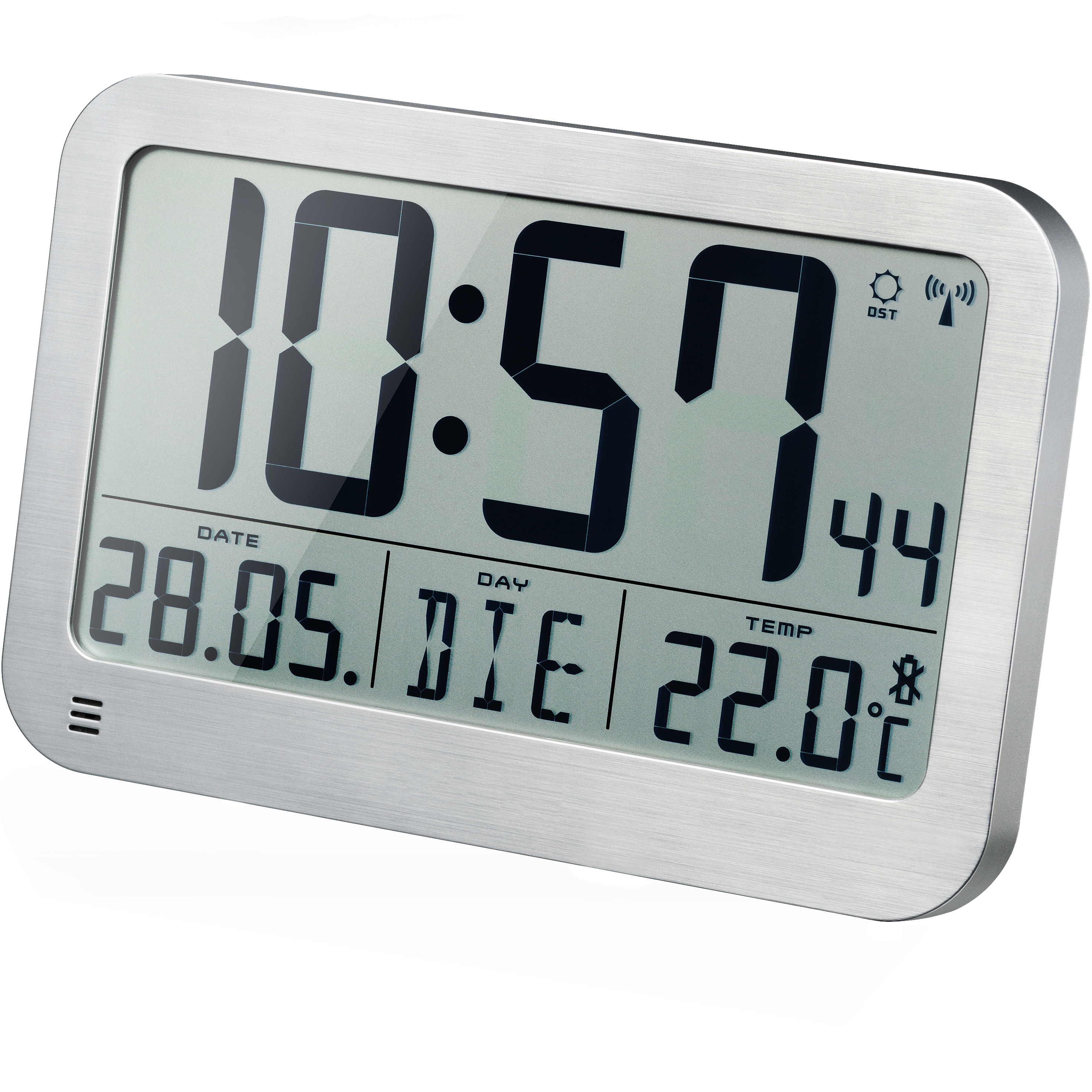 Reloj digital que muestra hora, fecha y temperatura. Tiene un marco plateado.
