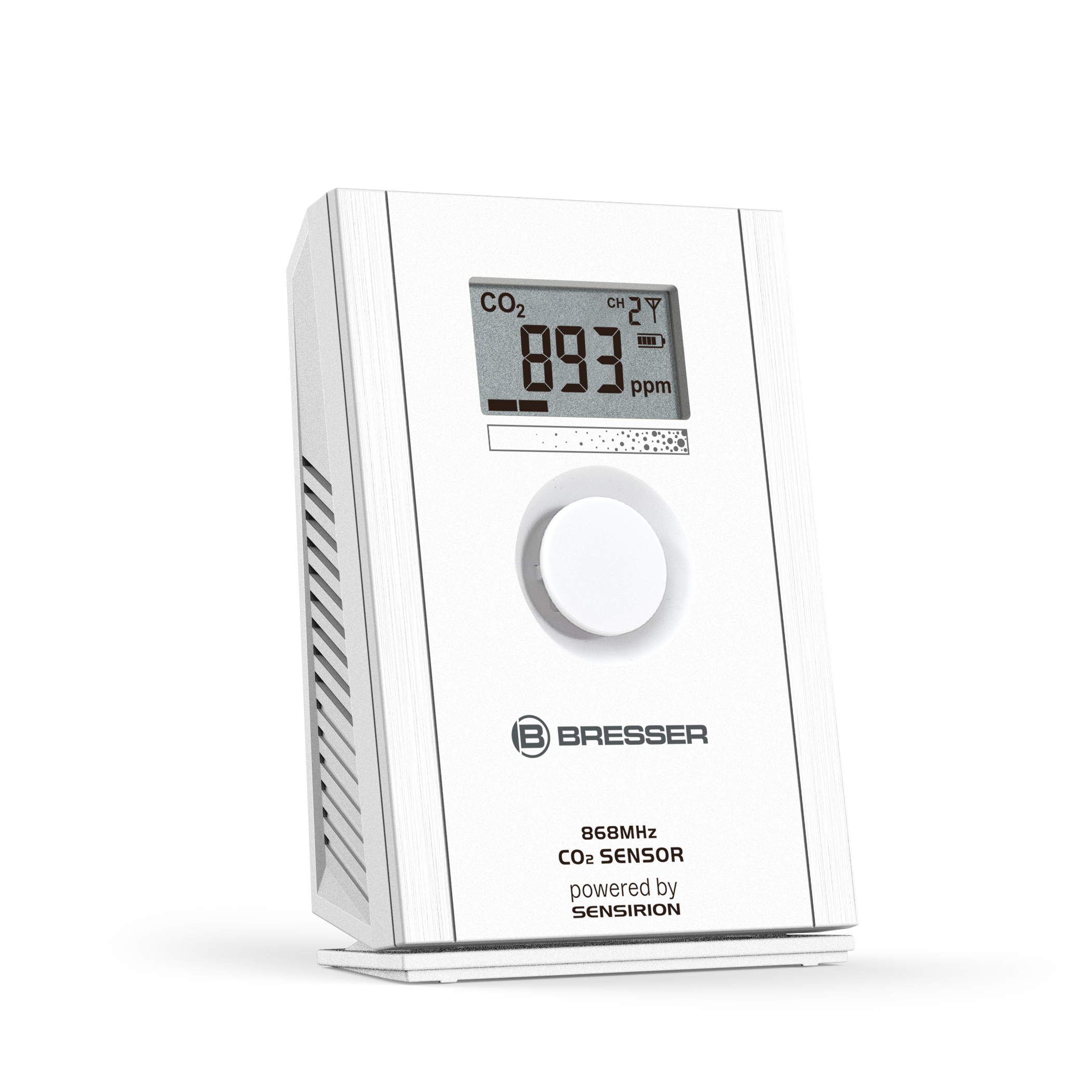 Weißer CO2-Sensor mit digitaler Anzeige von 893 ppm, BRESSER-Branding und Sensordetails.