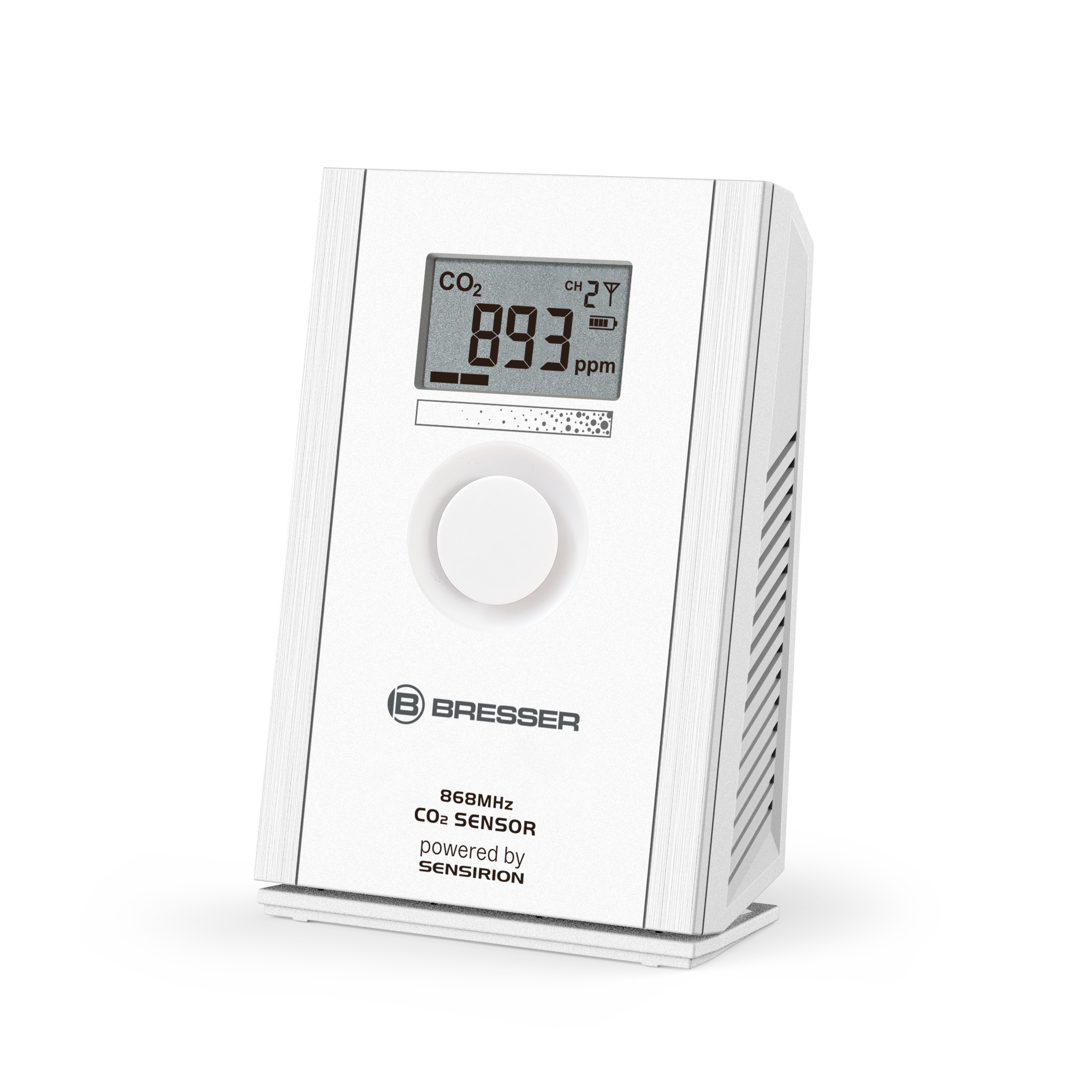 Weißer CO2-Sensor mit Digitalanzeige. Er zeigt 893 ppm an. Die Marke ist Bresser.