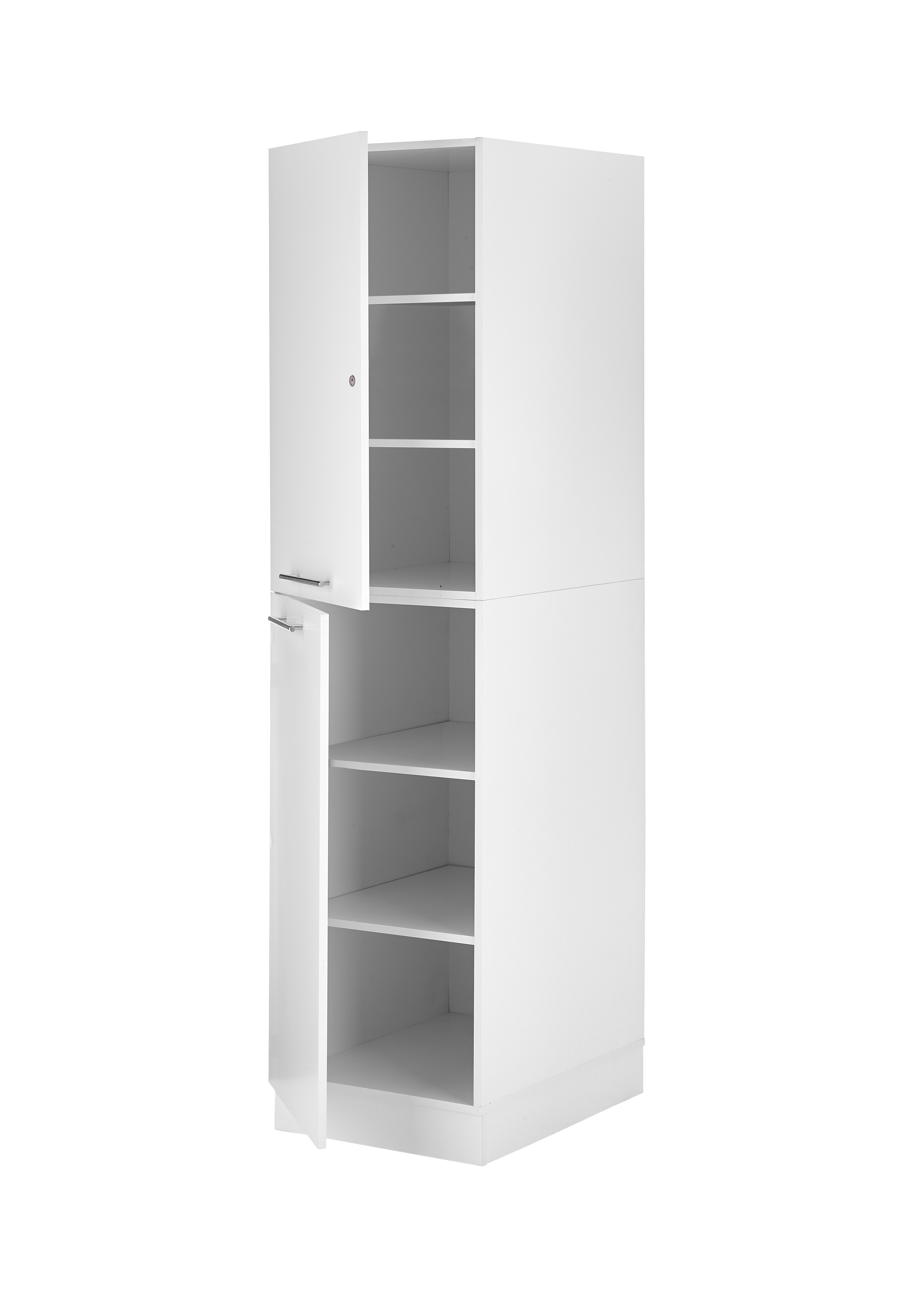 Ein weißer Schrank mit zwei Türen. Eine Tür ist geöffnet und zeigt Regale.