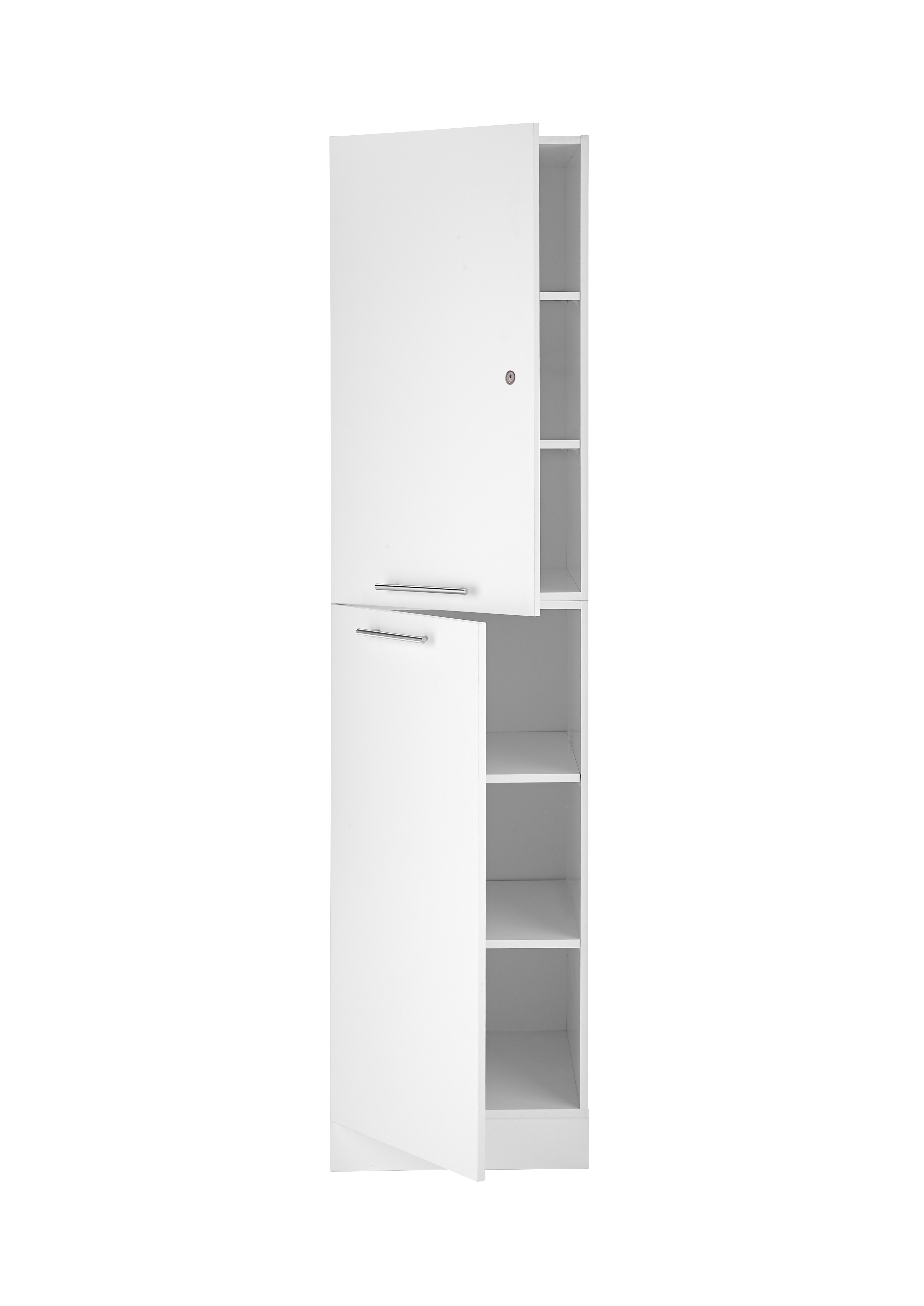 Ein hoher, weißer Schrank mit zwei Teilen. Der obere Teil ist geschlossen, der untere hat eine offene Tür.
