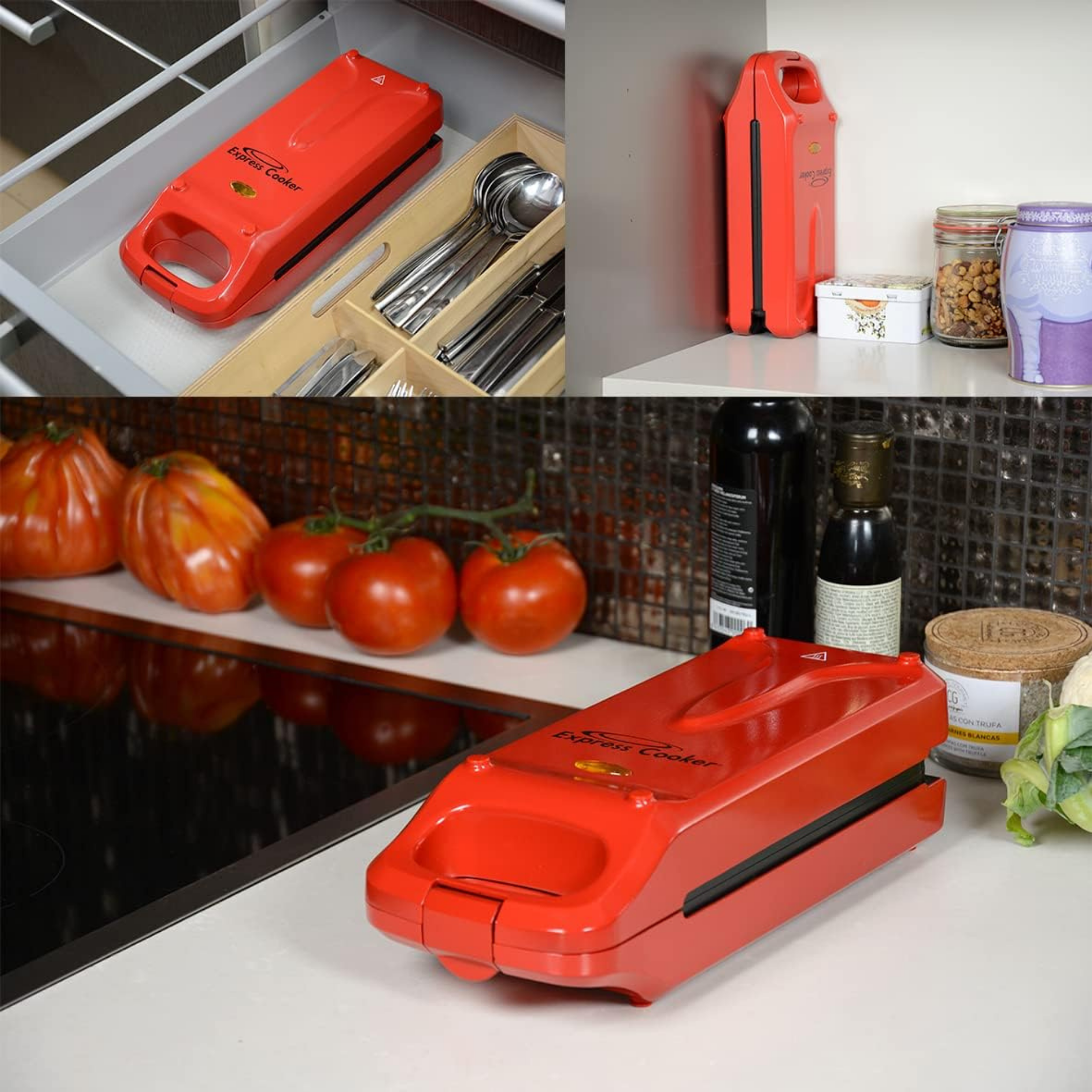 Una pentola a pressione rossa è mostrata in più contesti, tra cui un cassetto e su un bancone con pomodori.