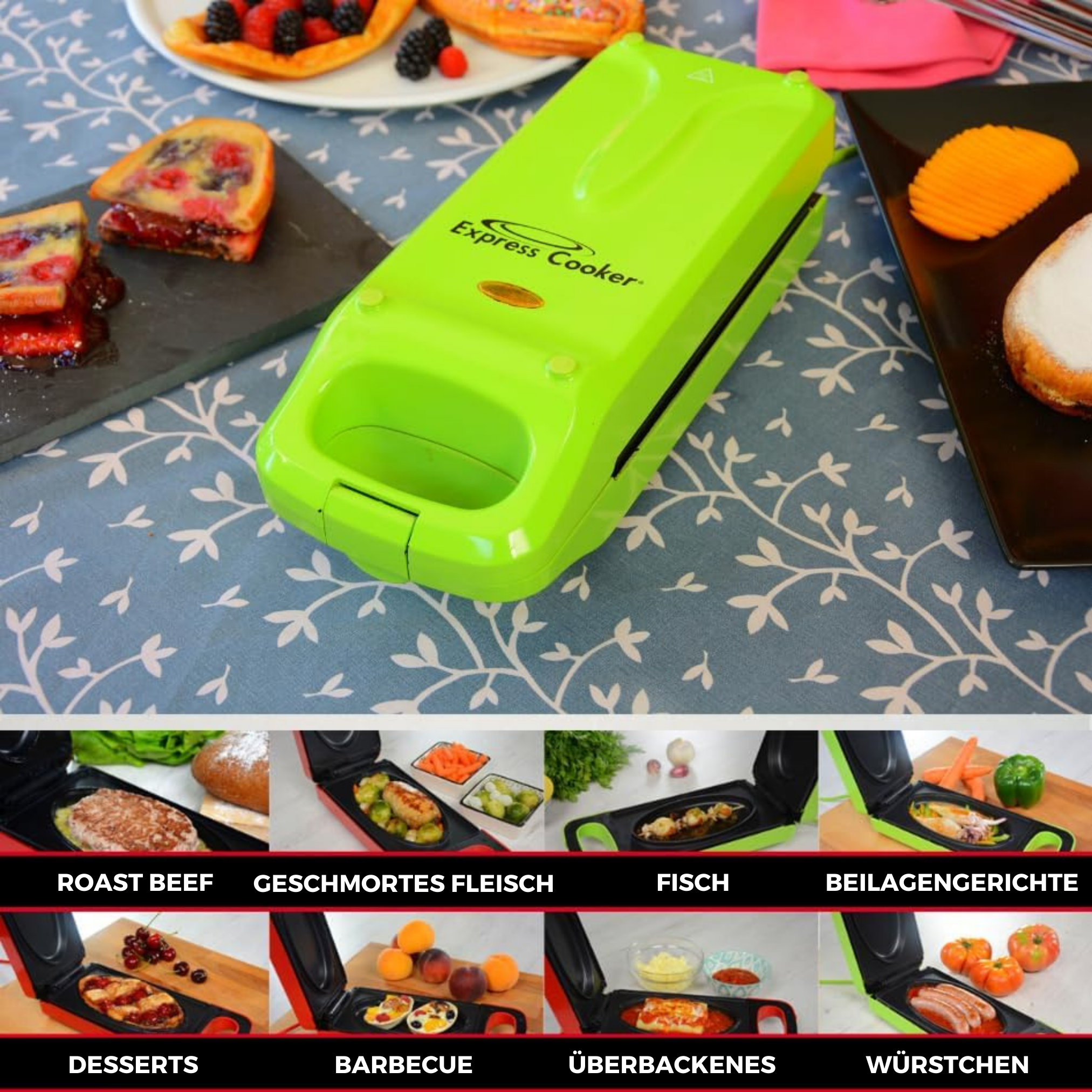 Cuocirapido verde con campioni di cibo: arrosto, carne grigliata, pesce, contorni, dessert, barbecue, ecc.