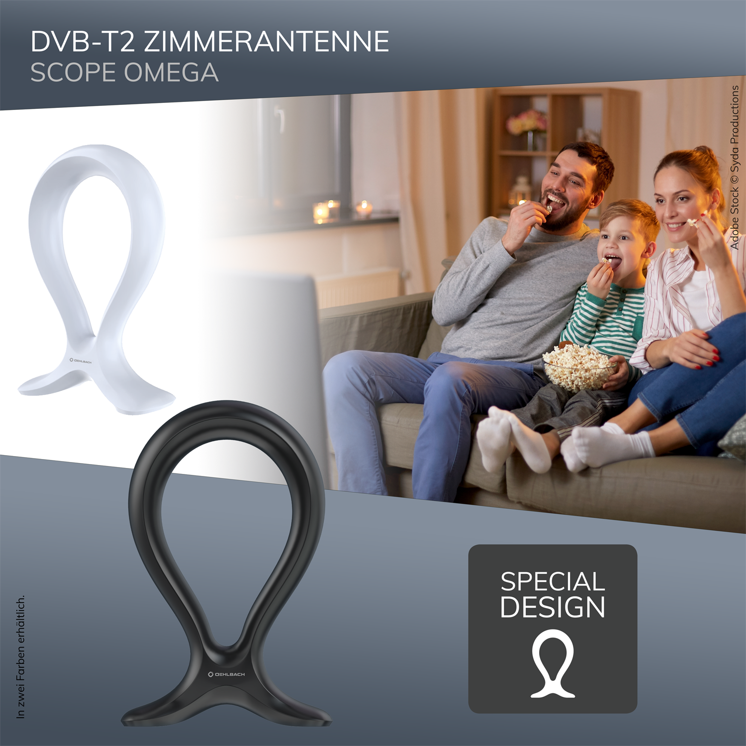 Eine Familie sieht fern. Im Vordergrund sind zwei Antennen abgebildet, eine weiße, eine schwarze.